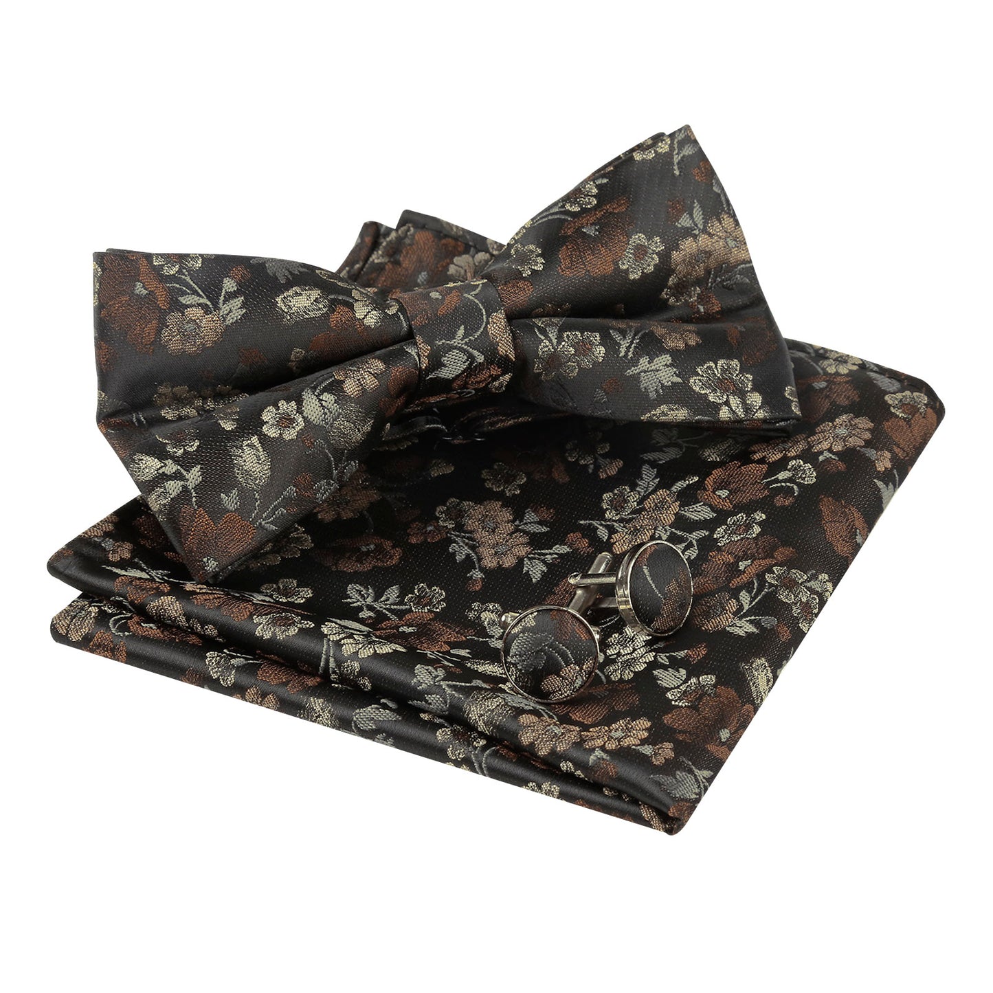 Alizeal Mens Pre-tied Floral Woven Bow Tie Handkerchief and Cufflinks Set 006