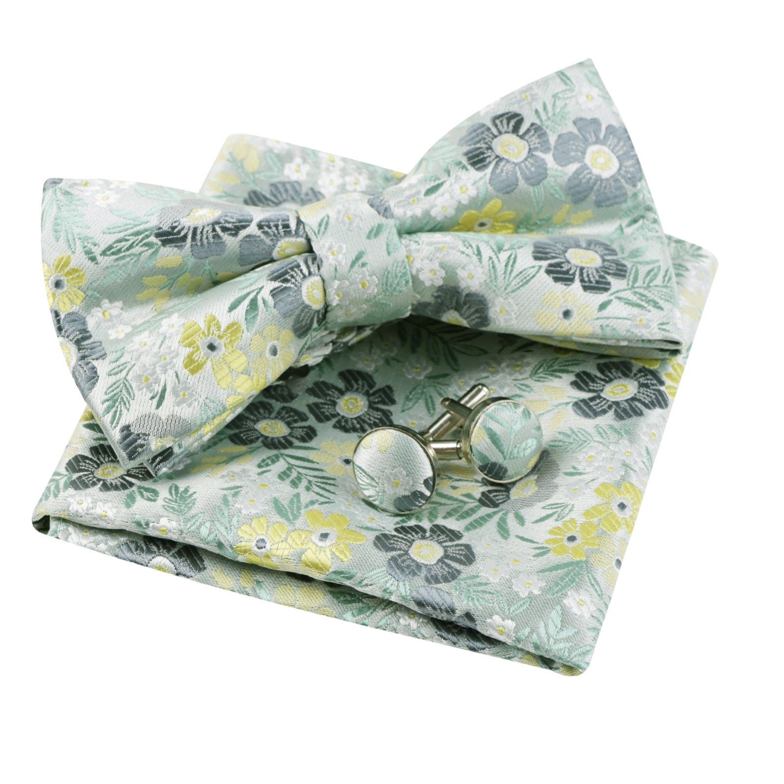Men's Floral Pattern Pre-tied Bow Tie and Pocket Square and Cufflinks Set-006
