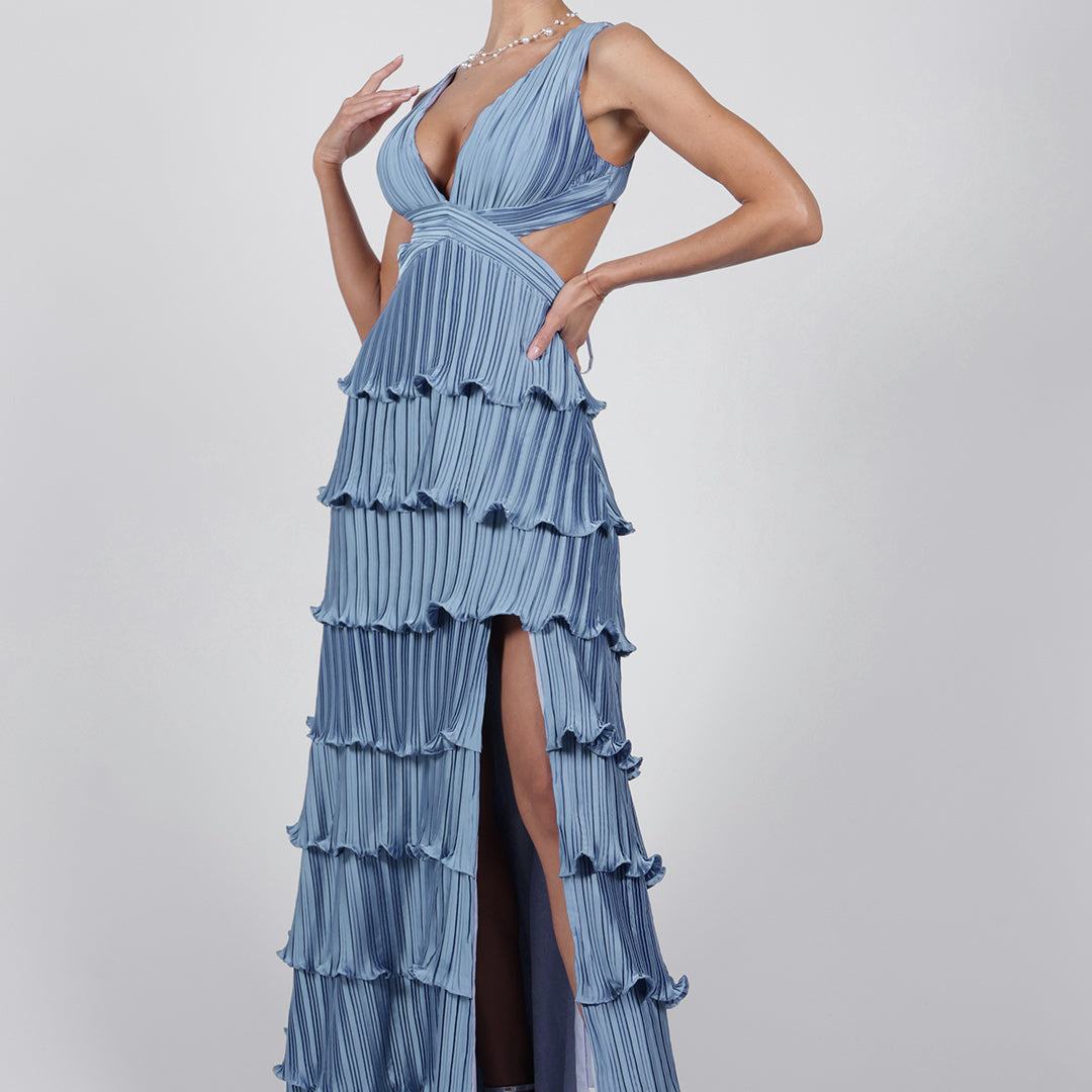 Wide Straps V-Neck Cutout Pleated Side Split Dresses