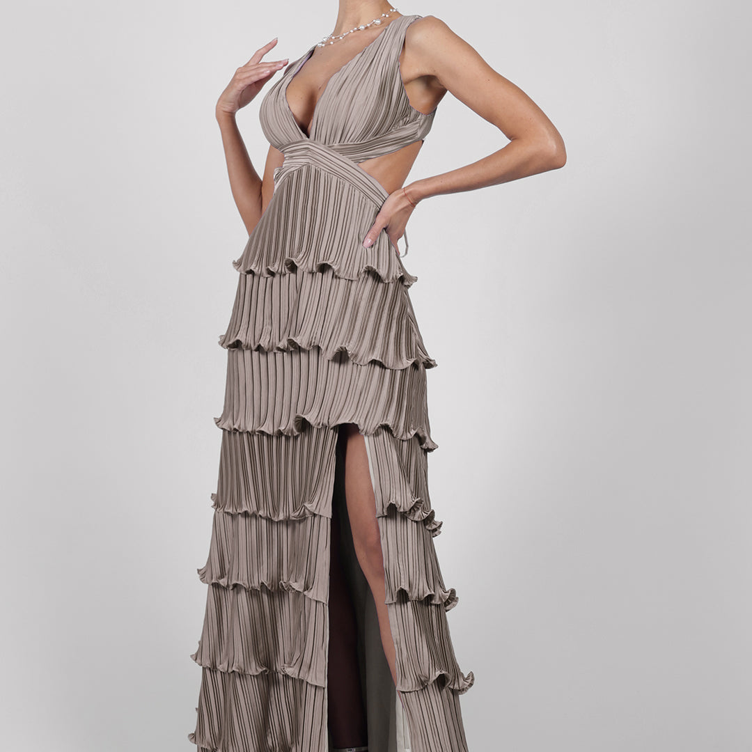 Wide Straps V-Neck Cutout Pleated Side Split Dresses