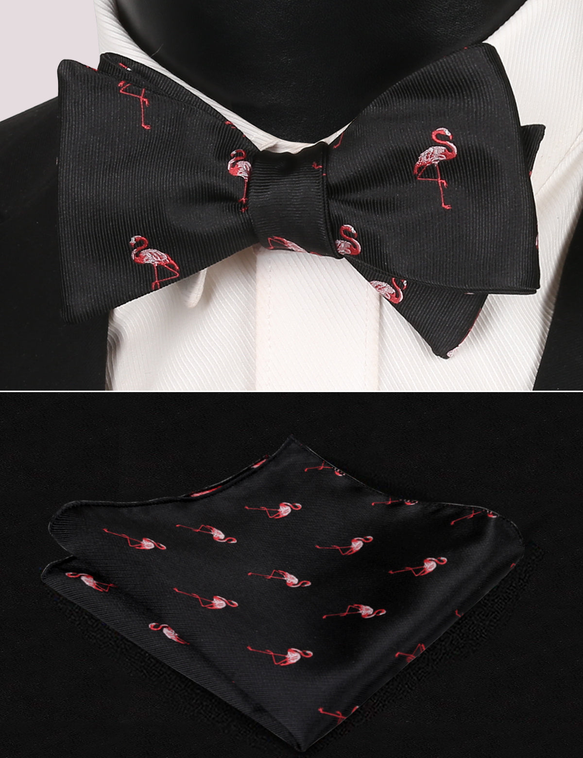 Flamingo Patterned SELF-TIED Bowtie and Hanky for Wedding #047