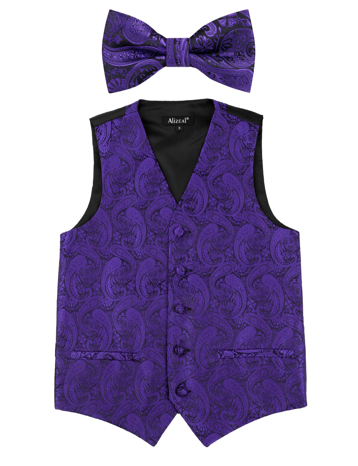 Boy's Paisley Jacquard Pre-Tied Bow Tie with Classic Floral Dress Suit Vest Set, 077-Dark Purple