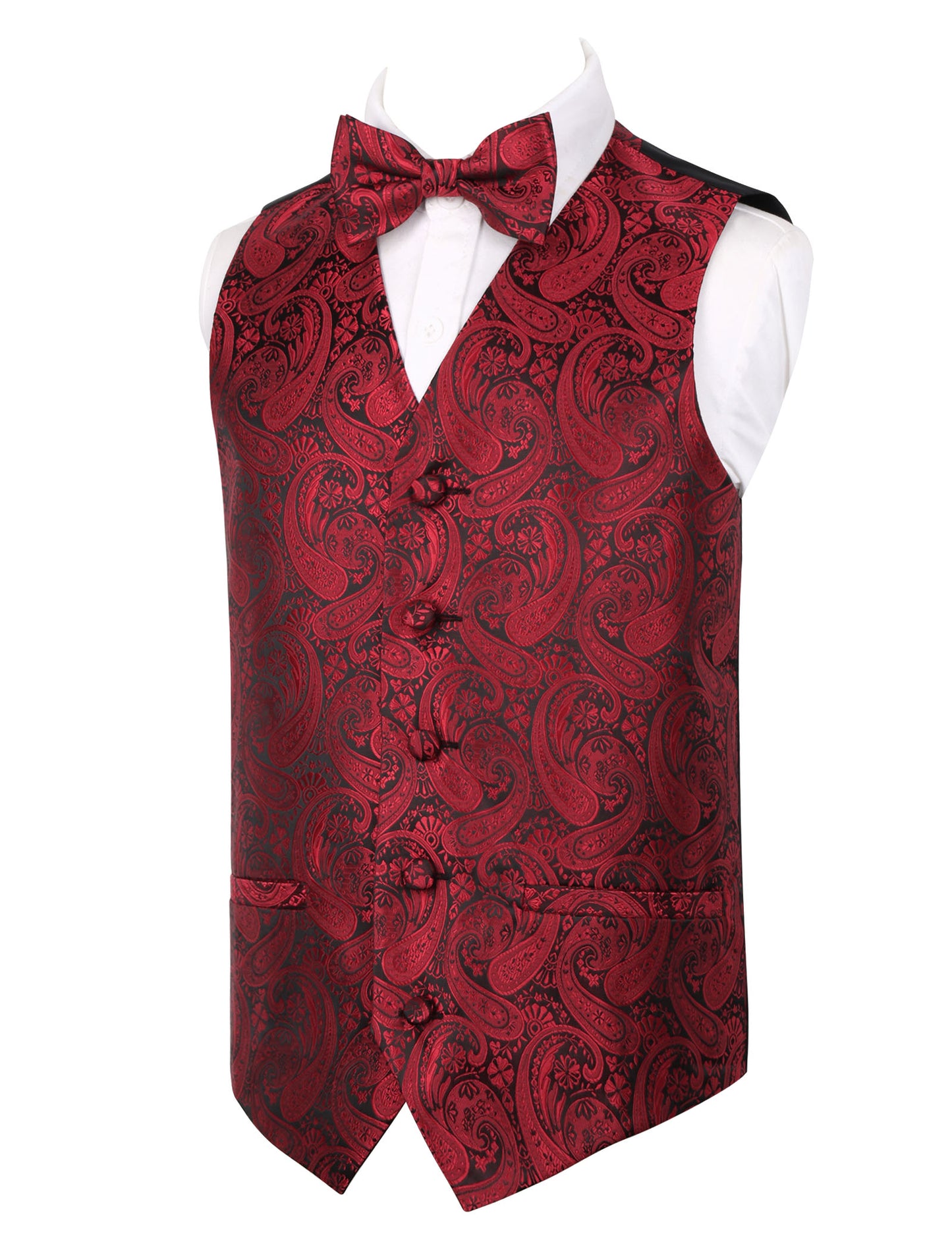 Boy's Paisley Jacquard Pre-Tied Bow Tie with Classic Floral Dress Suit Vest Set, 077-Wine Red