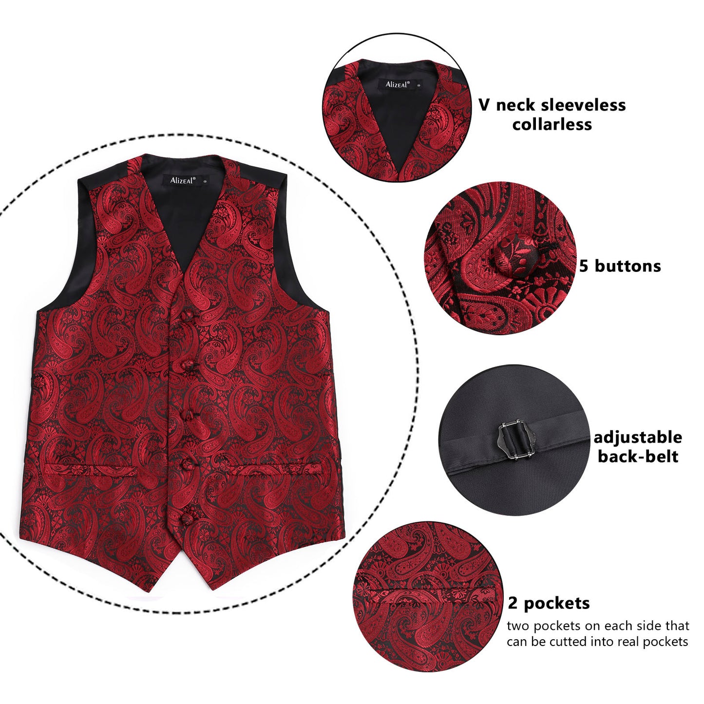 Boy's Paisley Jacquard Pre-Tied Bow Tie with Classic Floral Dress Suit Vest Set, 077-Wine Red