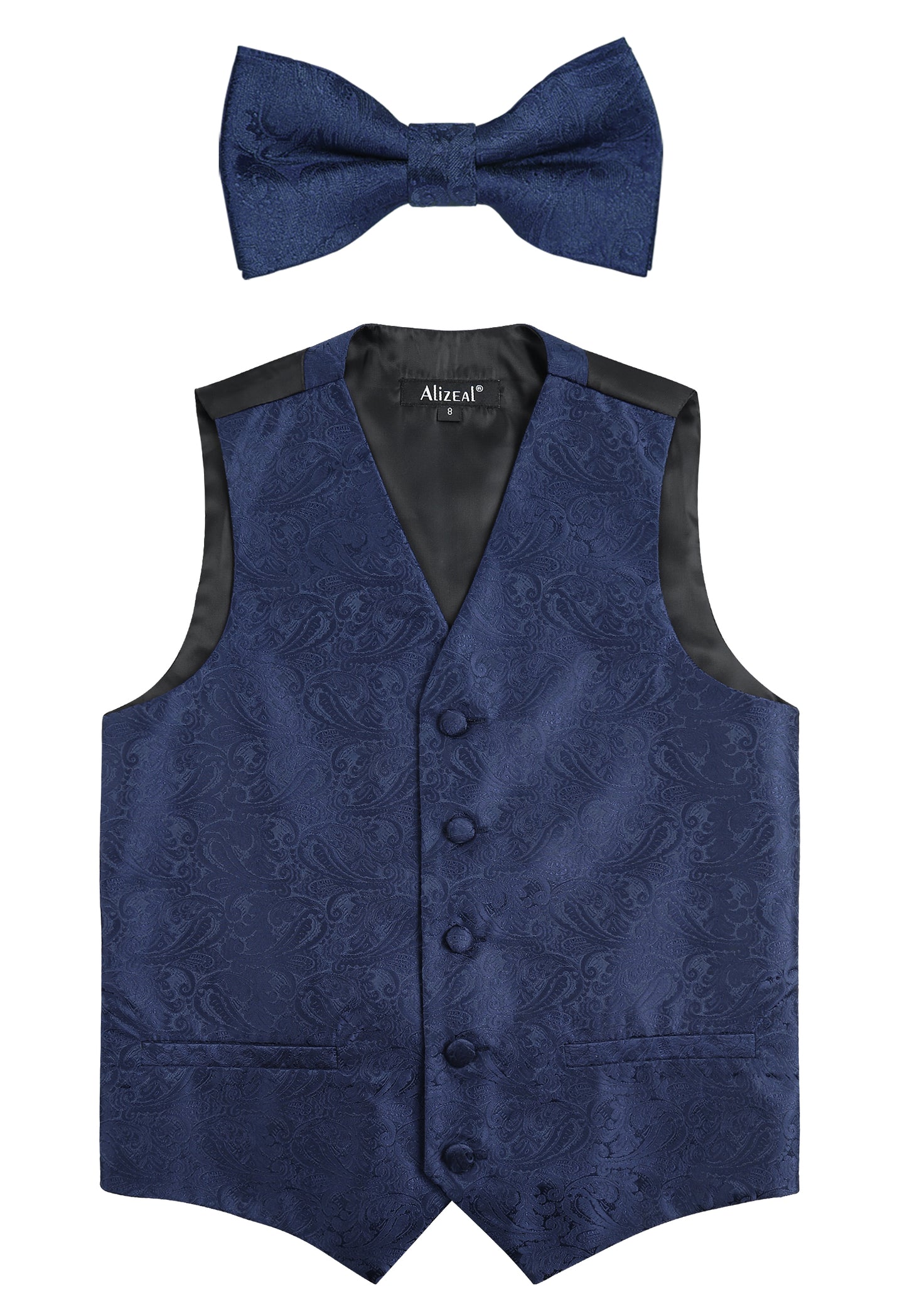 Boy's Floral Jacquard Wedding Pre-Tied Bow Tie and Suit Vest Set, 079-Dark Navy