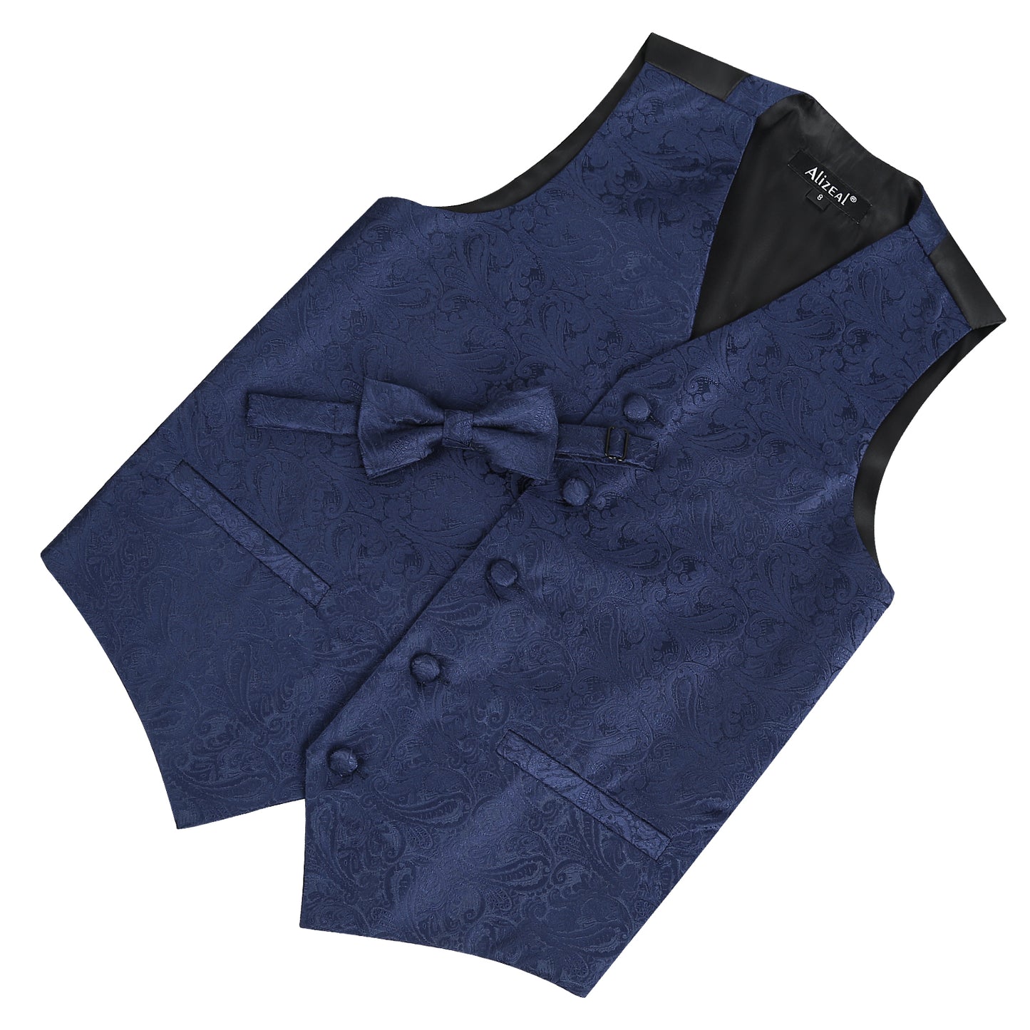 Boy's Floral Jacquard Wedding Pre-Tied Bow Tie and Suit Vest Set, 079-Dark Navy