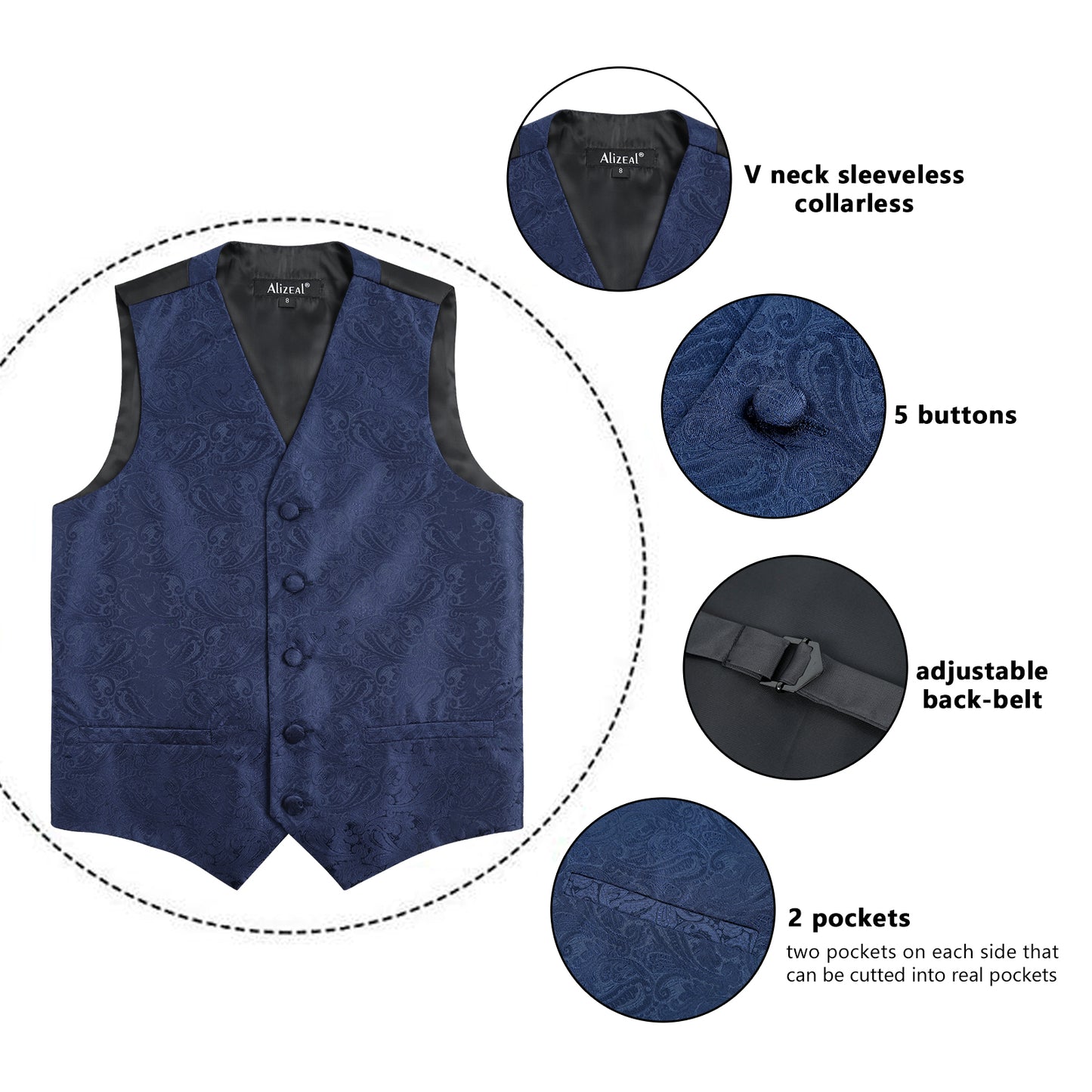 Boy's Floral Jacquard Wedding Pre-Tied Bow Tie and Suit Vest Set, 079-Dark Navy