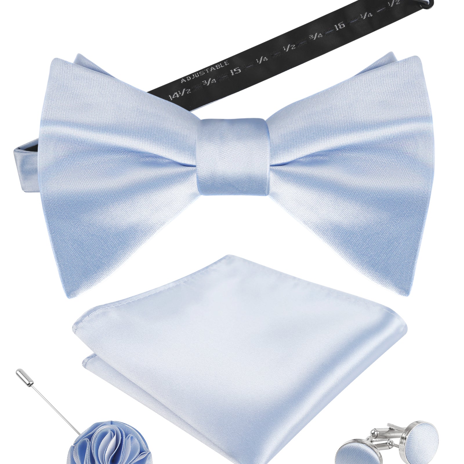 Mens 4pcs Formal Solid Pre-tied Bow Tie, Pocket Square, Cufflinks and Boutonniere Set-093