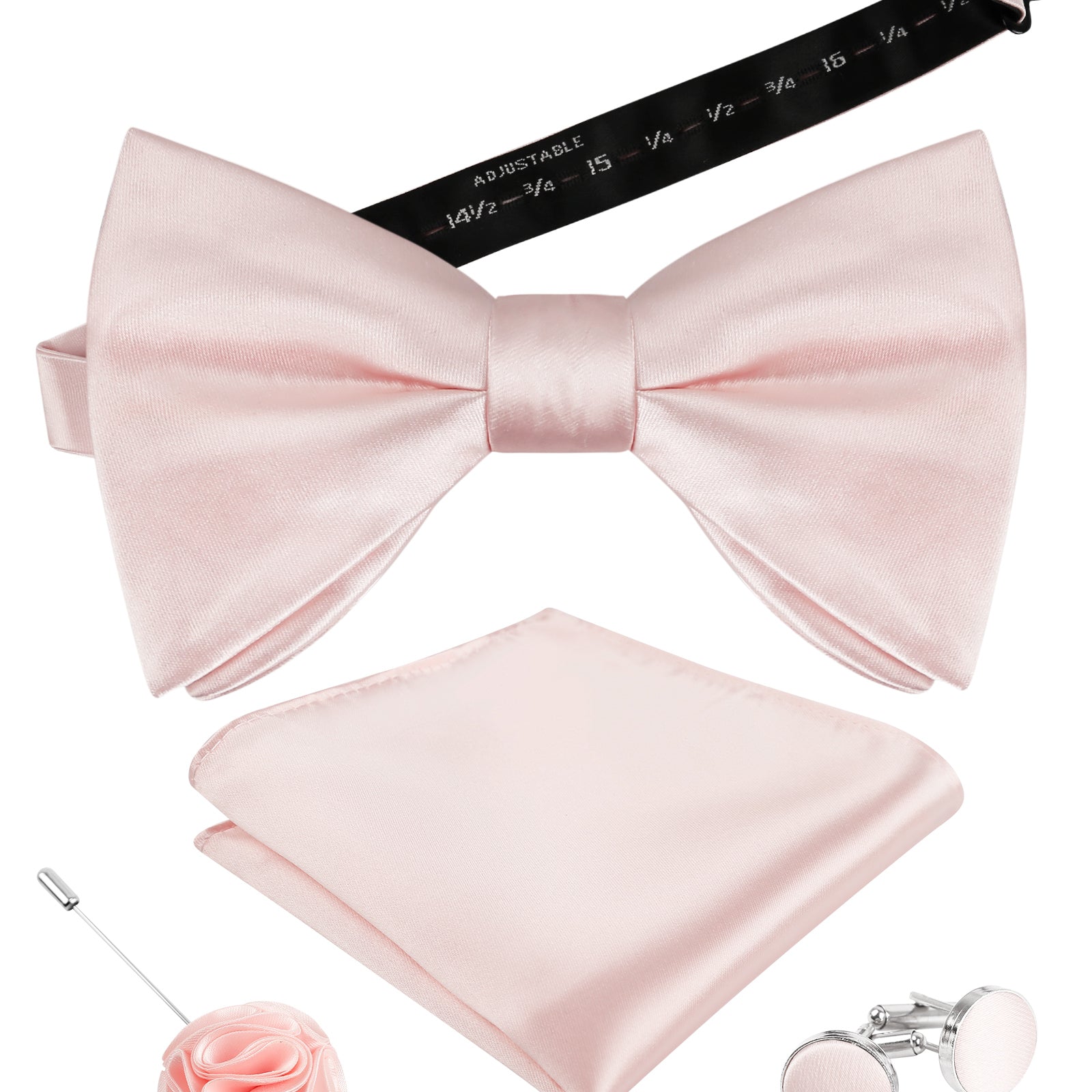Mens 4pcs Formal Solid Pre-tied Bow Tie, Pocket Square, Cufflinks and Boutonniere Set-093