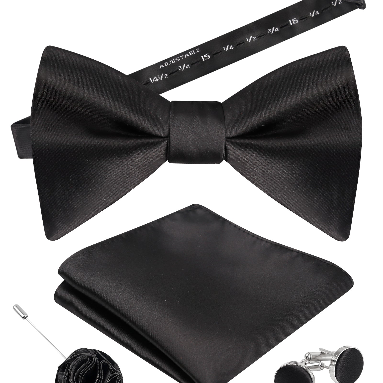 Mens 4pcs Formal Solid Pre-tied Bow Tie, Pocket Square, Cufflinks and Boutonniere Set-093