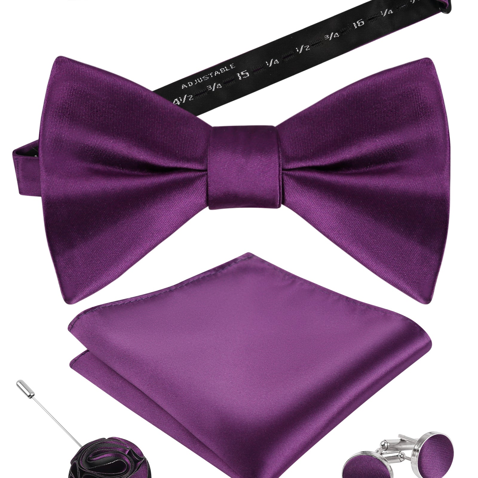 Mens 4pcs Formal Solid Pre-tied Bow Tie, Pocket Square, Cufflinks and Boutonniere Set-093