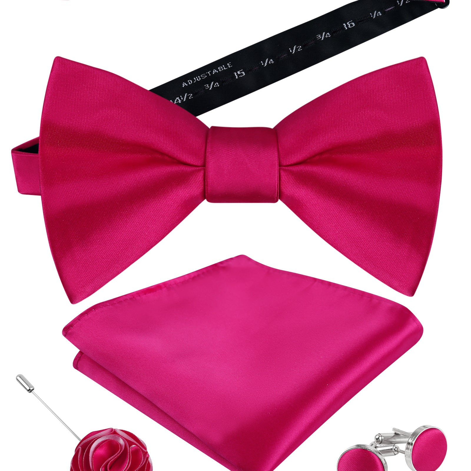 Mens 4pcs Formal Solid Pre-tied Bow Tie, Pocket Square, Cufflinks and Boutonniere Set-093