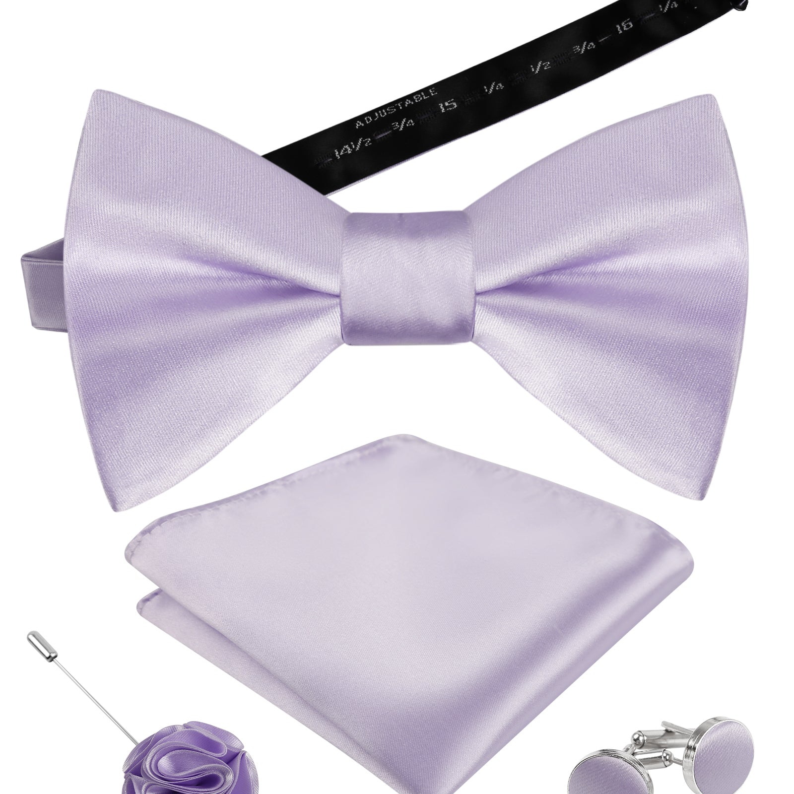 Mens 4pcs Formal Solid Pre-tied Bow Tie, Pocket Square, Cufflinks and Boutonniere Set-093