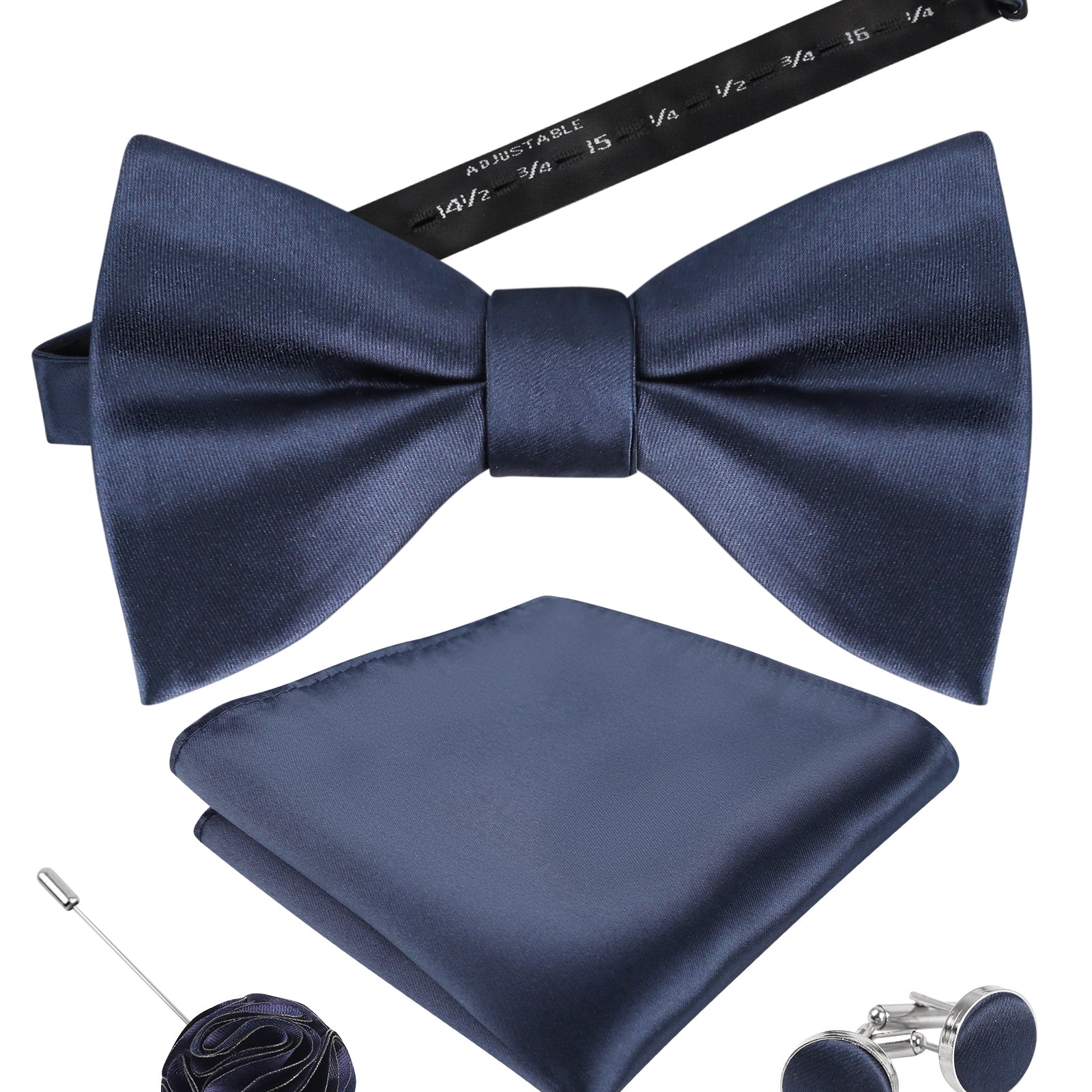 Mens 4pcs Formal Solid Pre-tied Bow Tie, Pocket Square, Cufflinks and Boutonniere Set-093