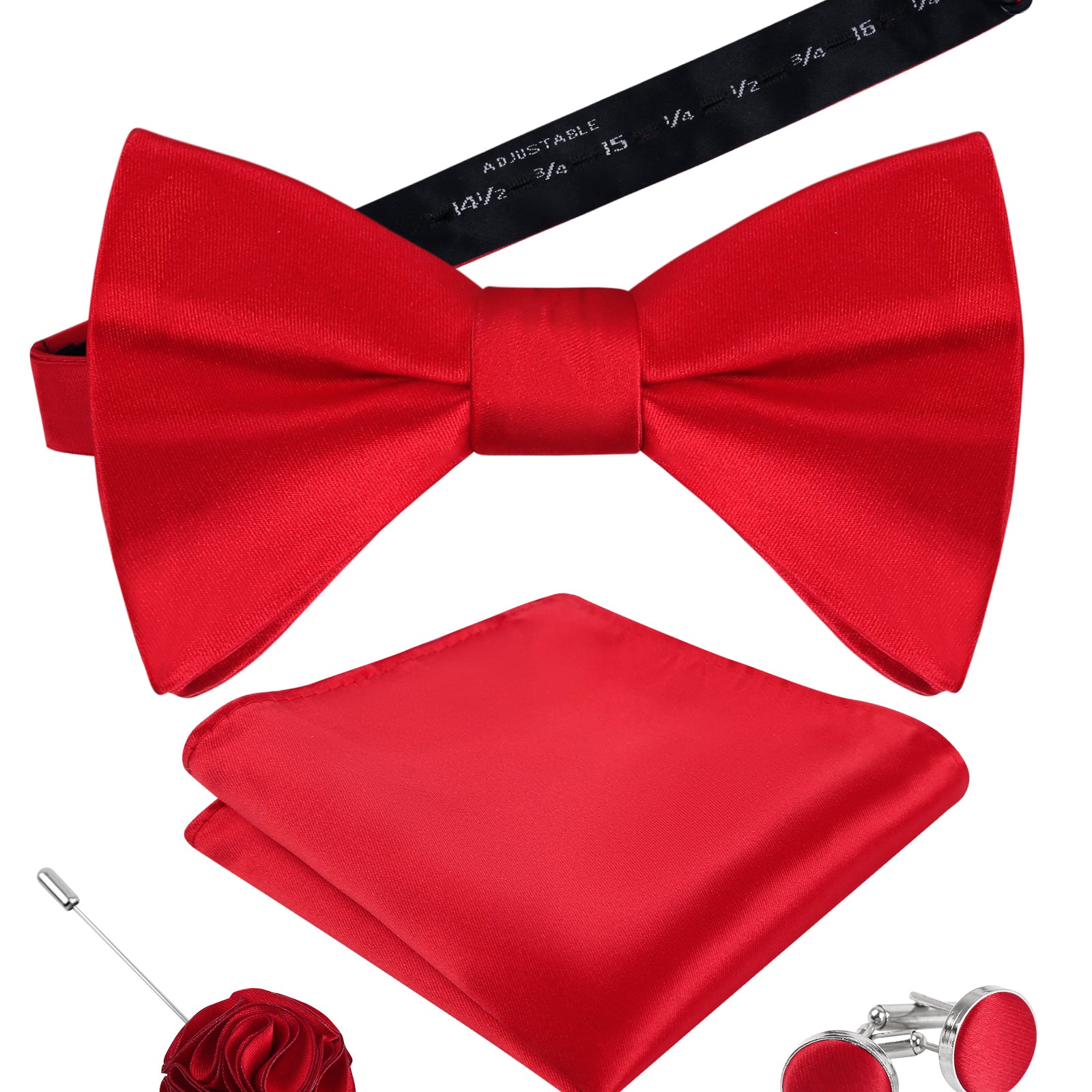 Mens 4pcs Formal Solid Pre-tied Bow Tie, Pocket Square, Cufflinks and Boutonniere Set-093