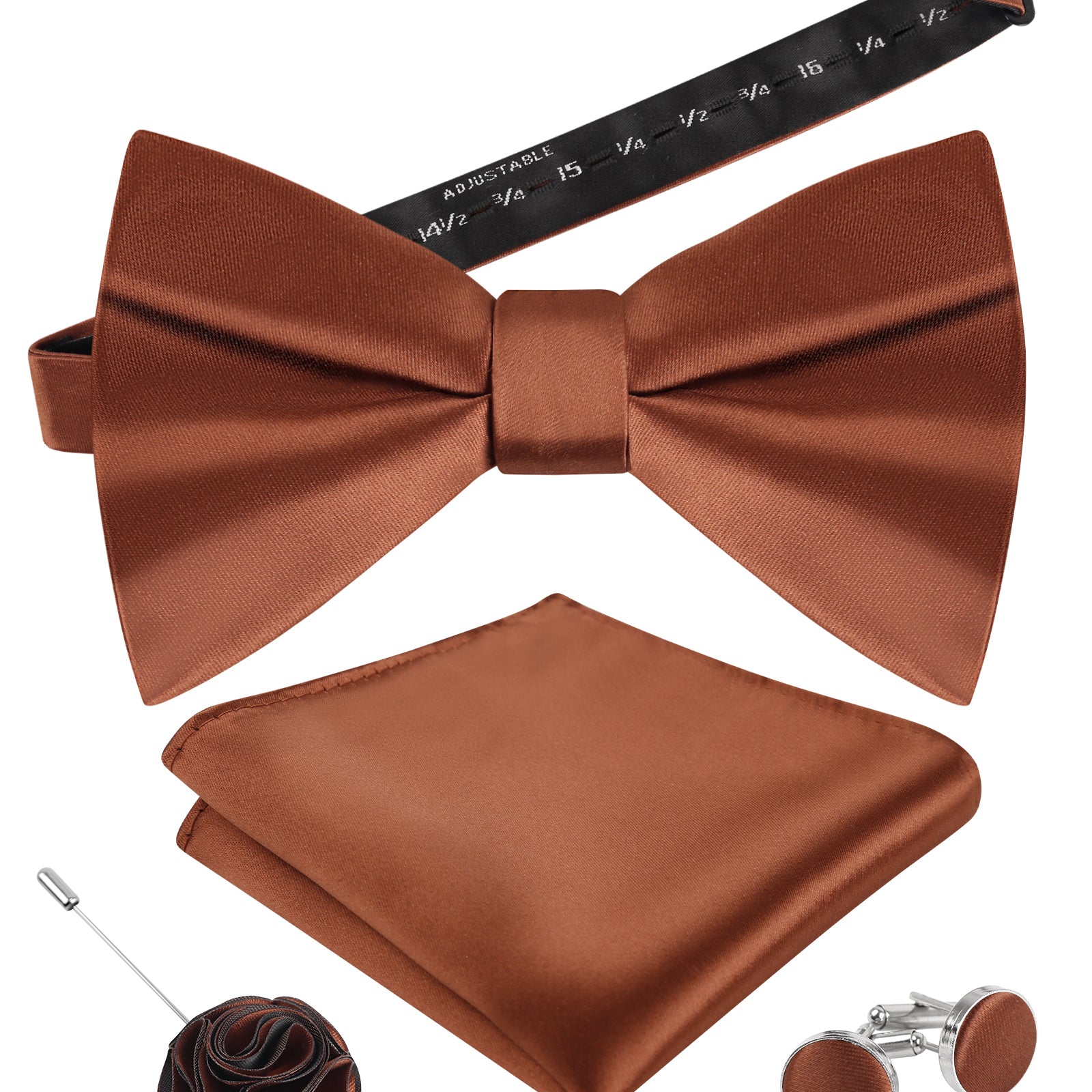 Mens 4pcs Formal Solid Pre-tied Bow Tie, Pocket Square, Cufflinks and Boutonniere Set-093