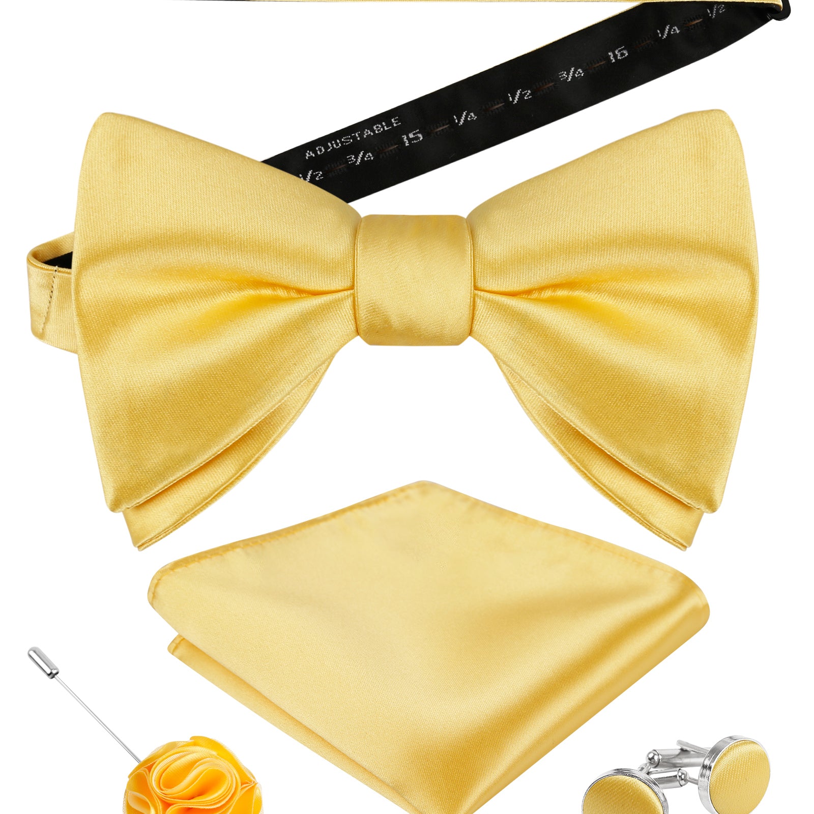 Mens 4pcs Formal Solid Pre-tied Bow Tie, Pocket Square, Cufflinks and Boutonniere Set-093