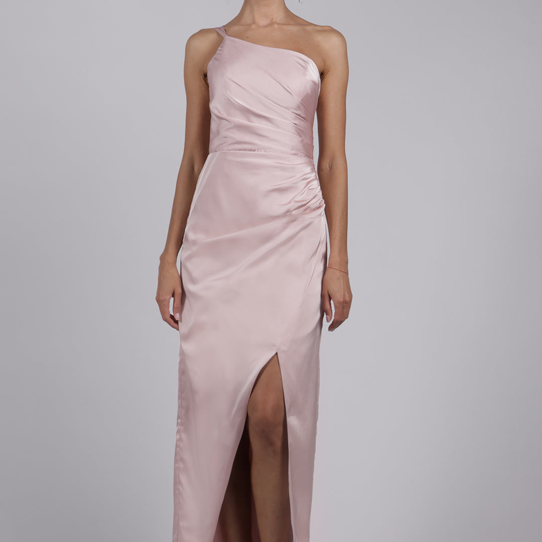 One Shoulder Spaghetti Straps Front Split Pleated Sheath Maxi Dress