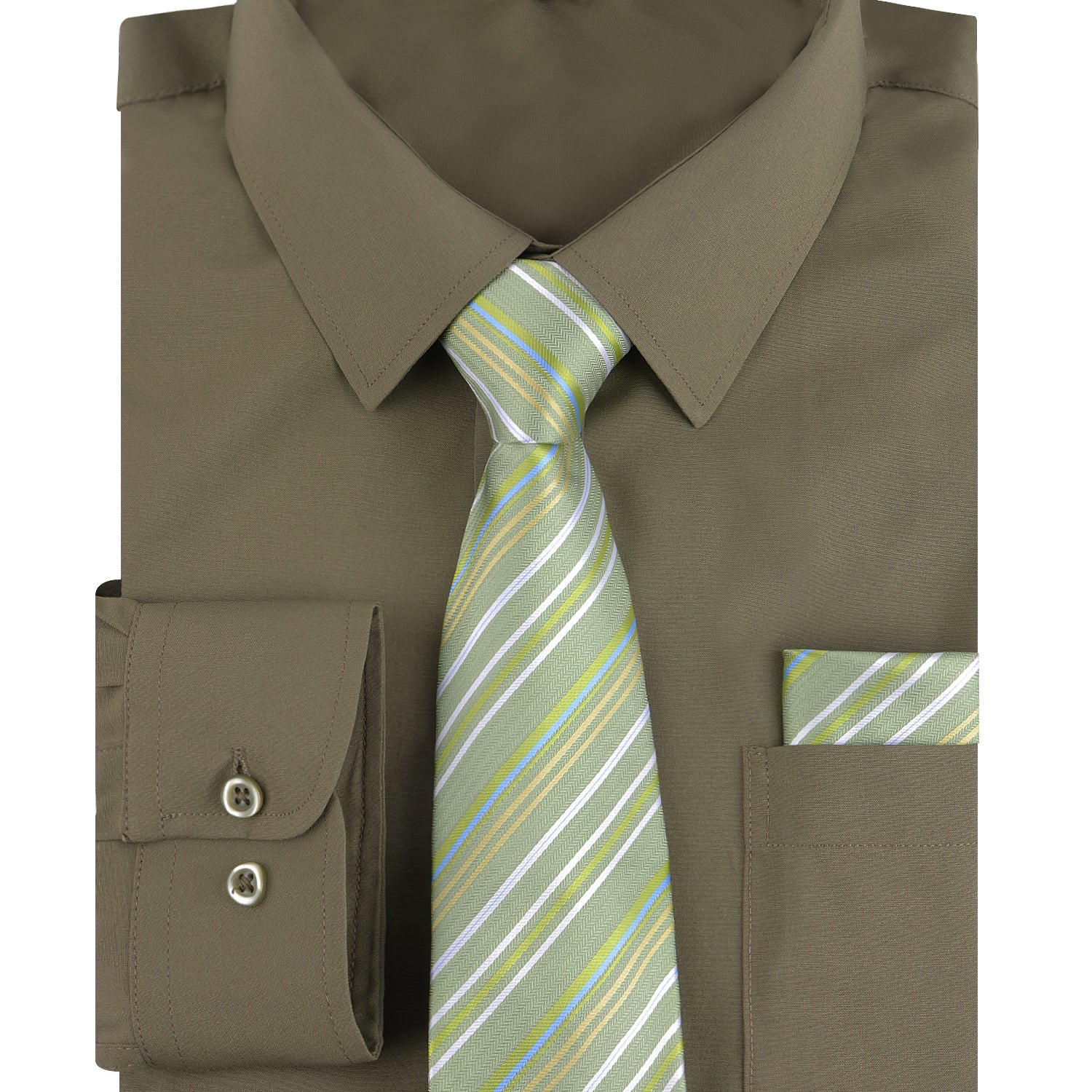 3pcs Green Series Mens Dress Shirt with Tie Pocket Square Set
