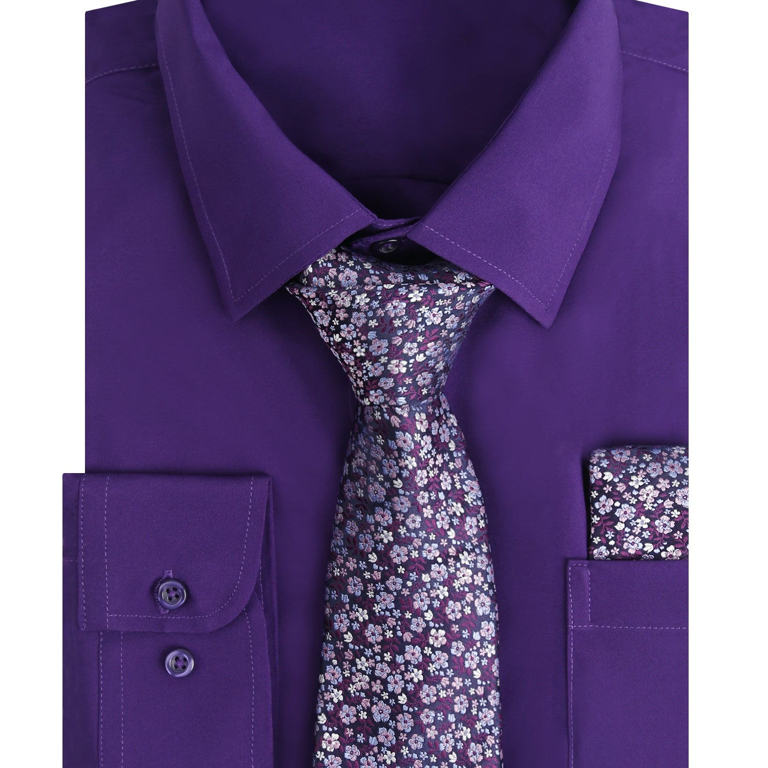 3pcs Purple Series Mens Dress Shirt with Tie Pocket Square Set