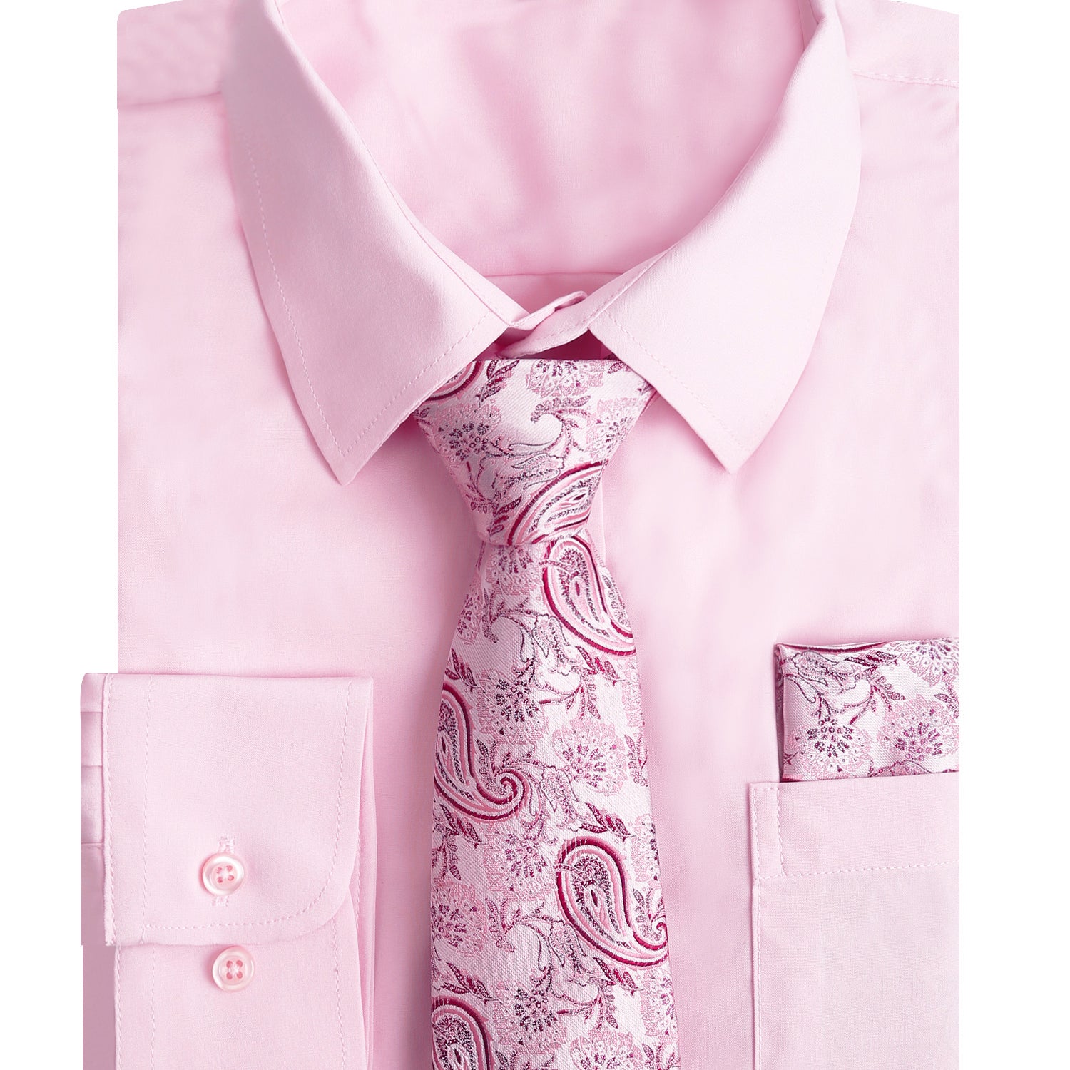 3pcs Pink Series Mens Dress Shirt with Tie Pocket Square Set