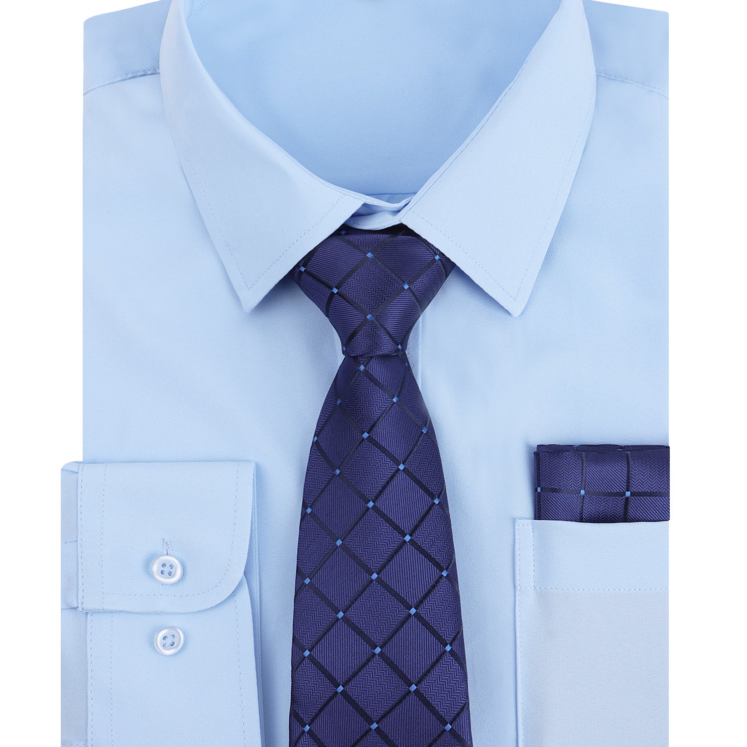 3pcs Blue Series Mens Dress Shirt with Tie Pocket Square Set