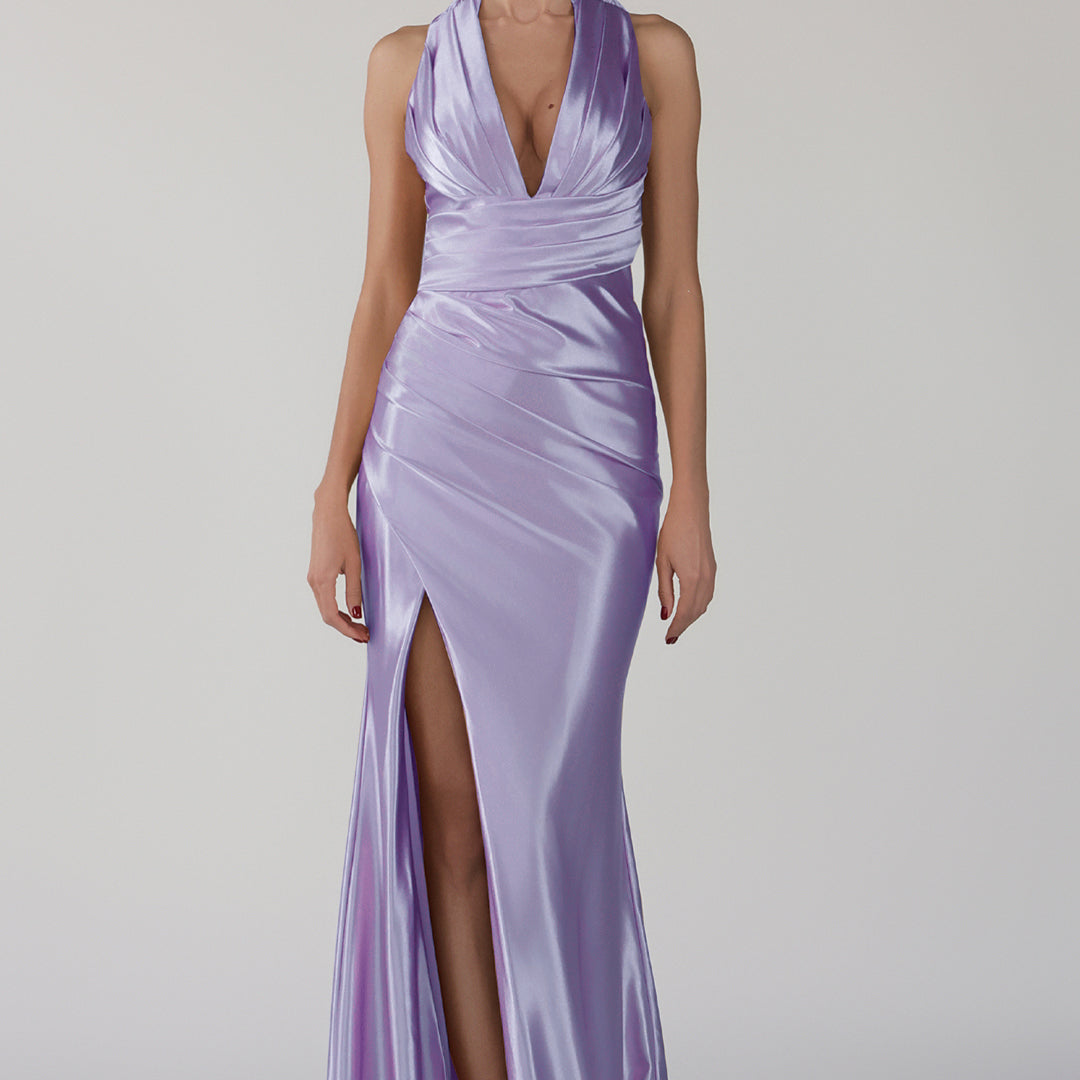 Halter Tie V-Neck Sweep Train Evening Dress