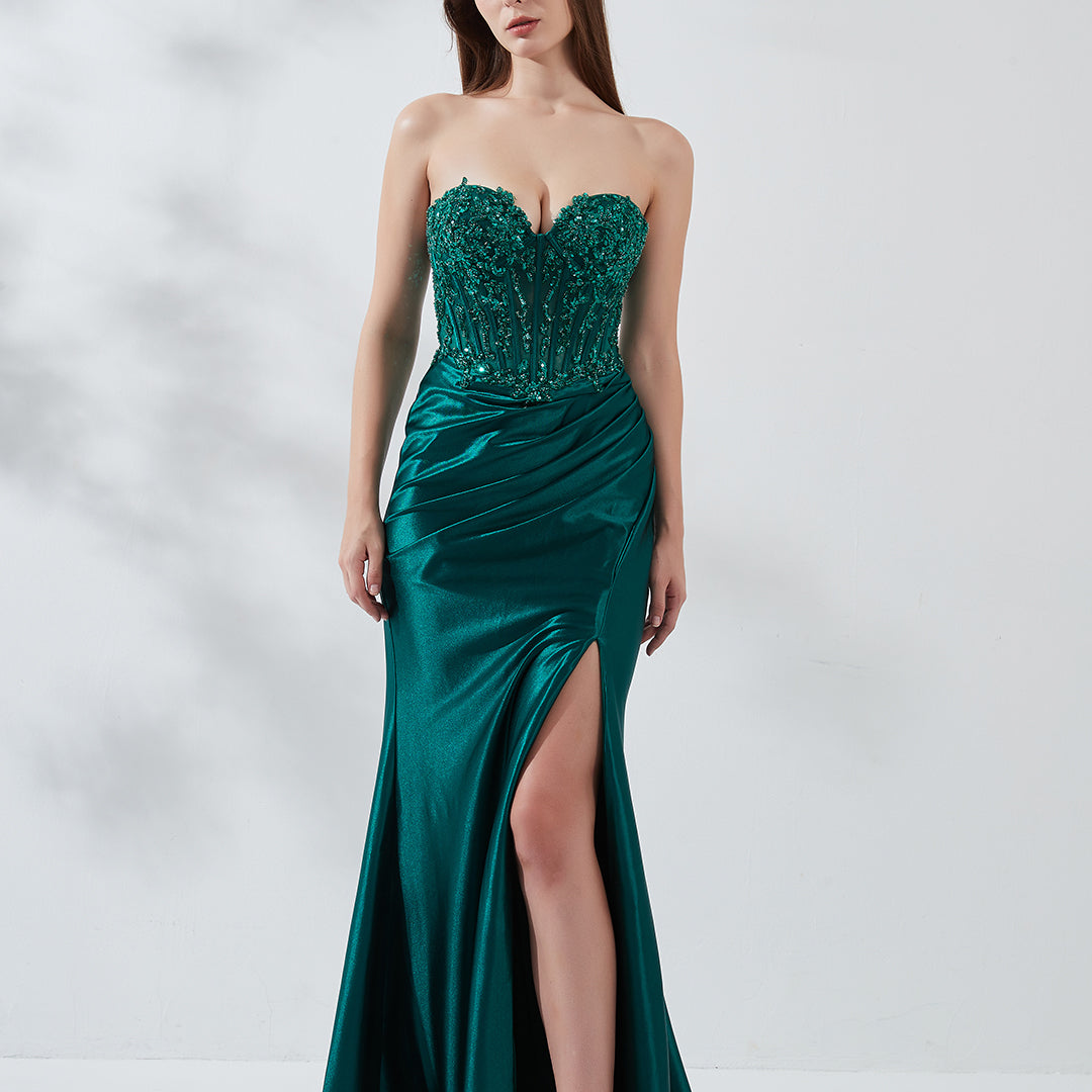 Sweetheart Collar High Split Sweep Train Satin Evening Dress