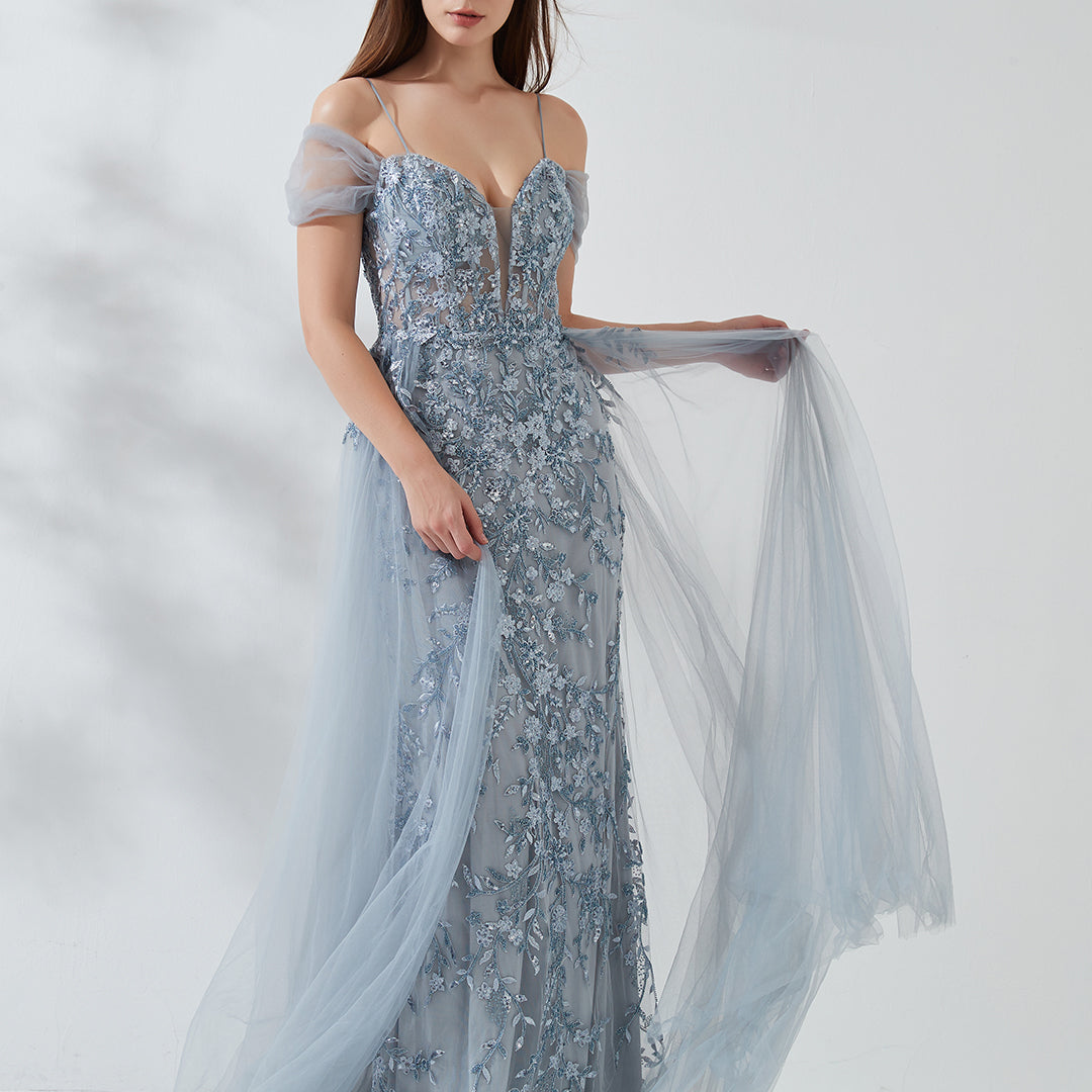 V-Neck Drop Shoulder Straps Embroidered Applique Dresses