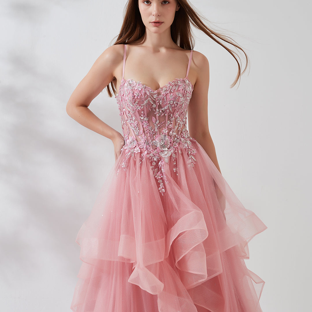 Heart Neckline Spaghetti Straps Beaded Sequins Puffy Dresses