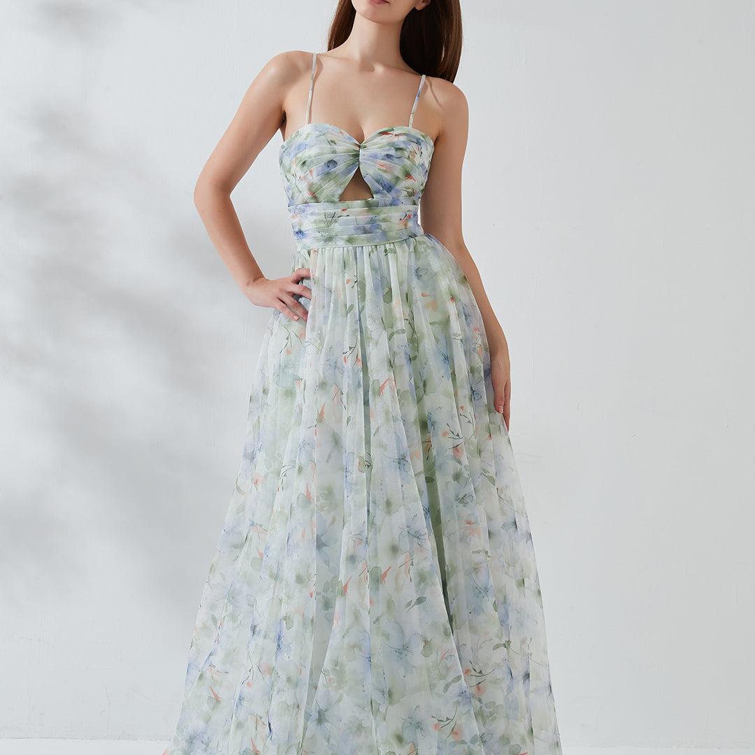 Spaghetti Straps Floor-length Sweep Train Back Zipper Chiffon Dress