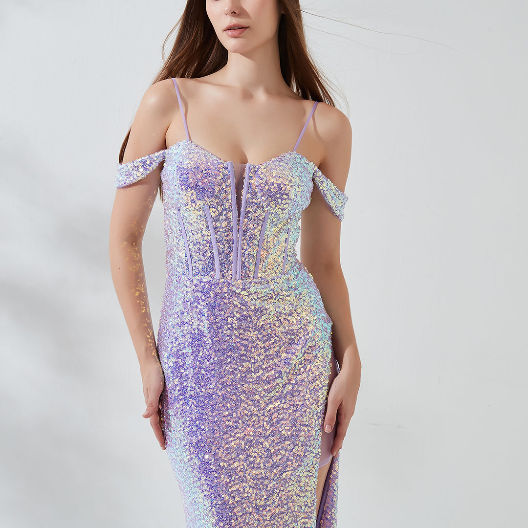 Drop Shoulder Sleeves Glitter Sequin Floor-length Side Split Evening Dress