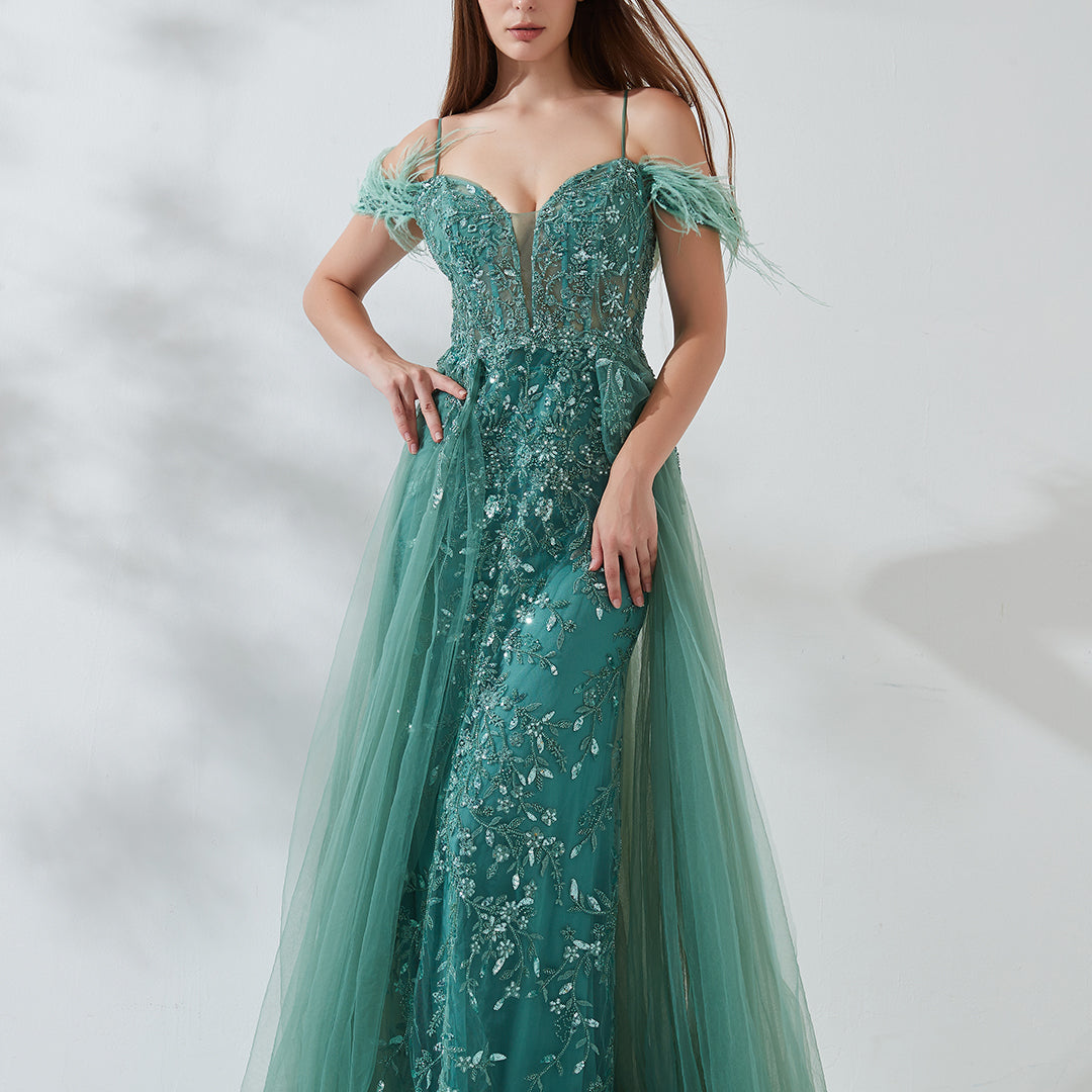 V-Neck Feather Drop Shoulder Sleeve Straps Appliquéd Mesh Dress