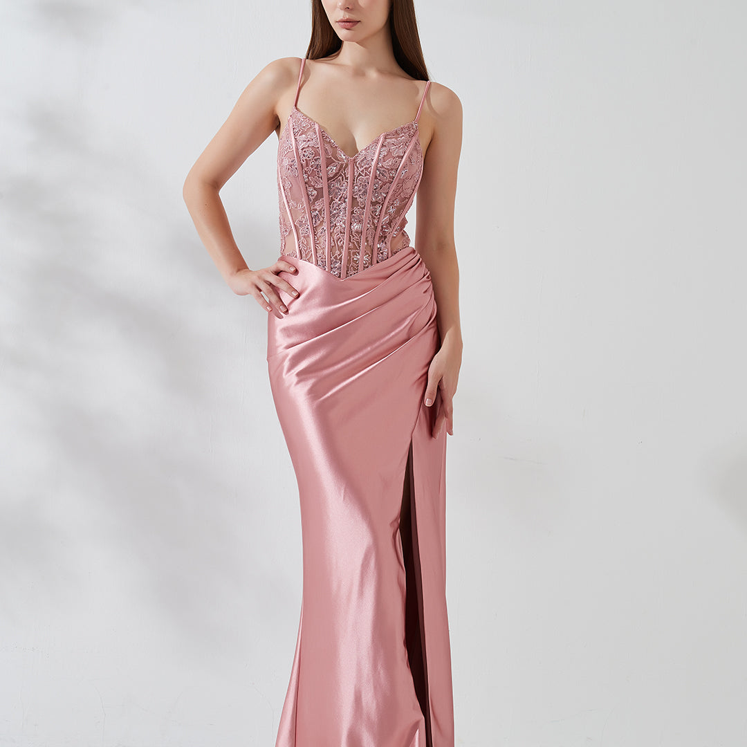 V-Neck Appliqued Split Fishbone Lace-Up Back Dress