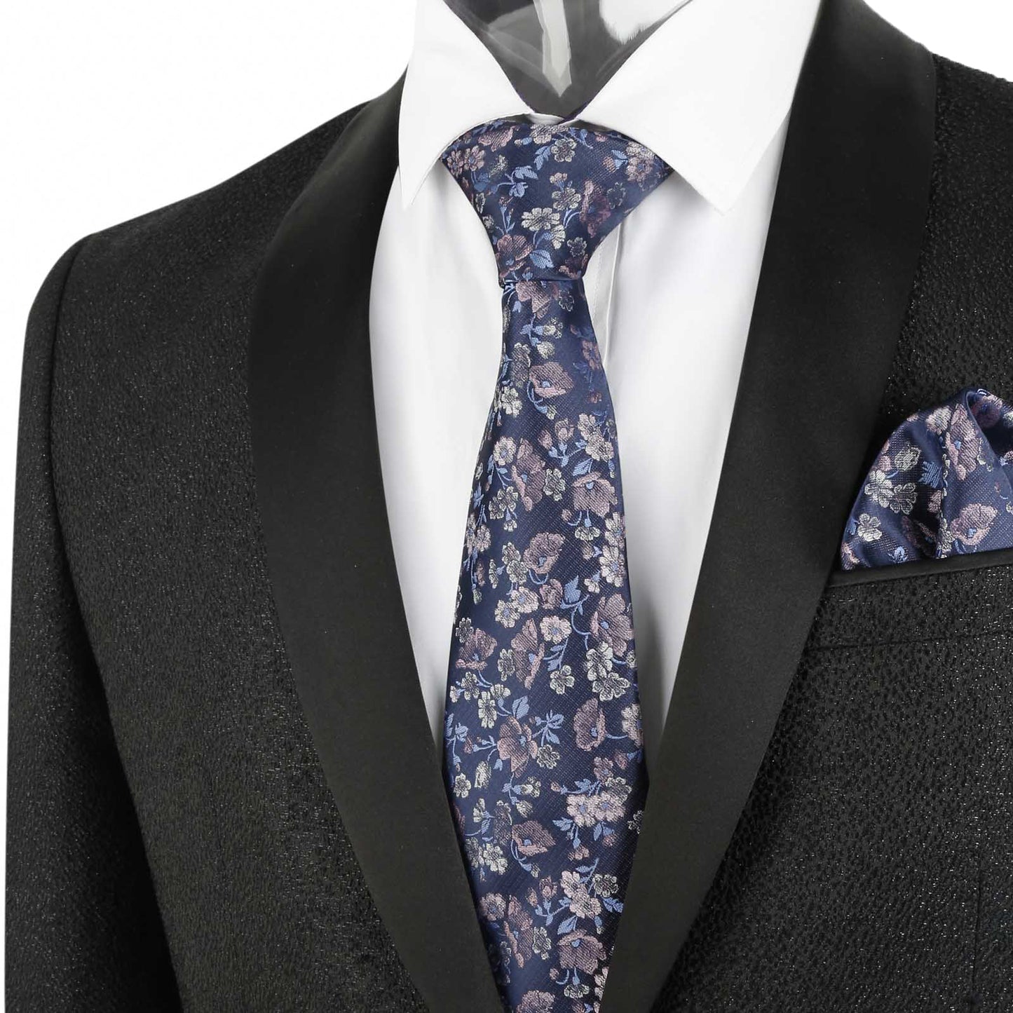 Men's 3.15inches Flower Patterned Tie with Floral Printed Pocket Square Set #109