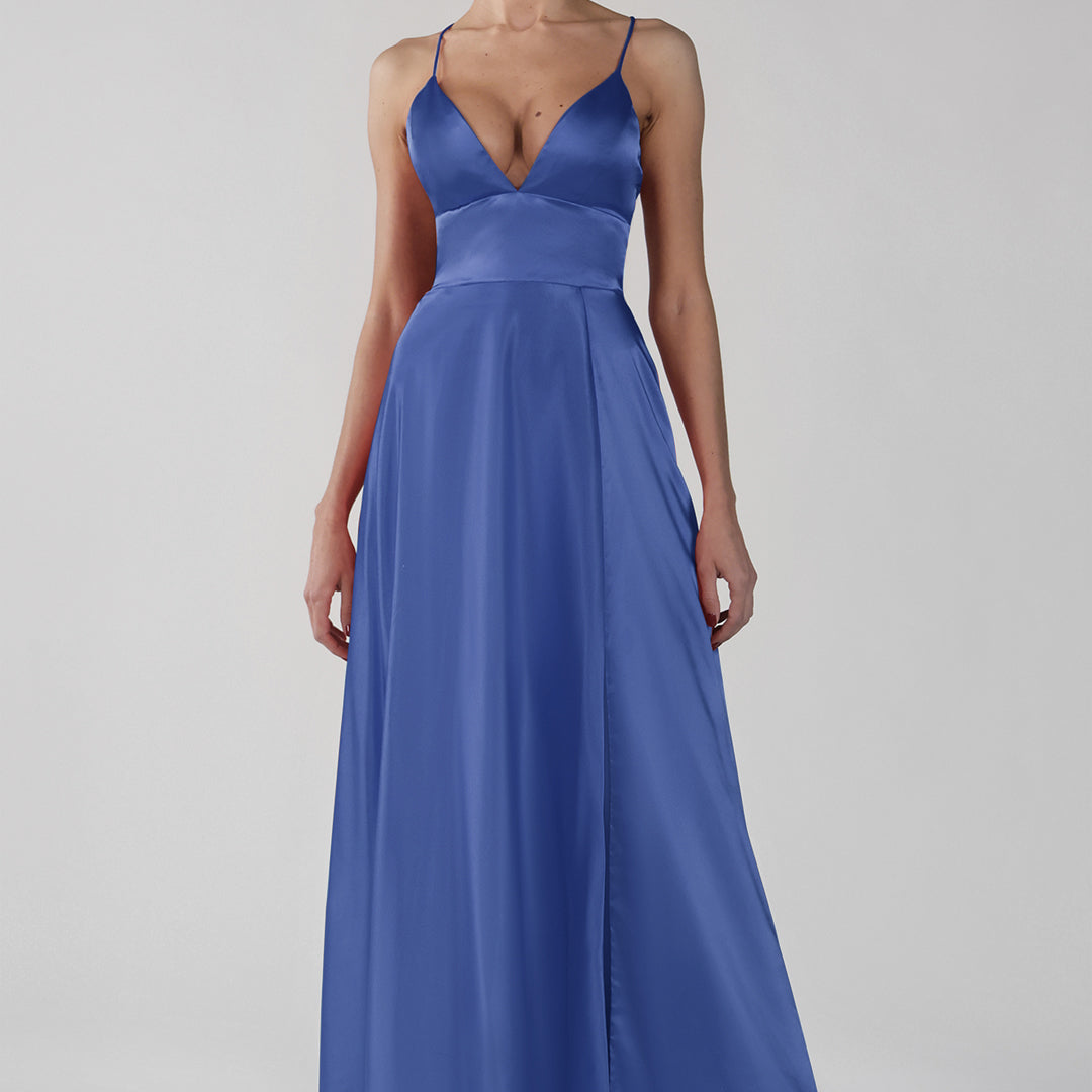 Deep V-Neck A-Line Backless Lace-Up Satin Maxi Dress