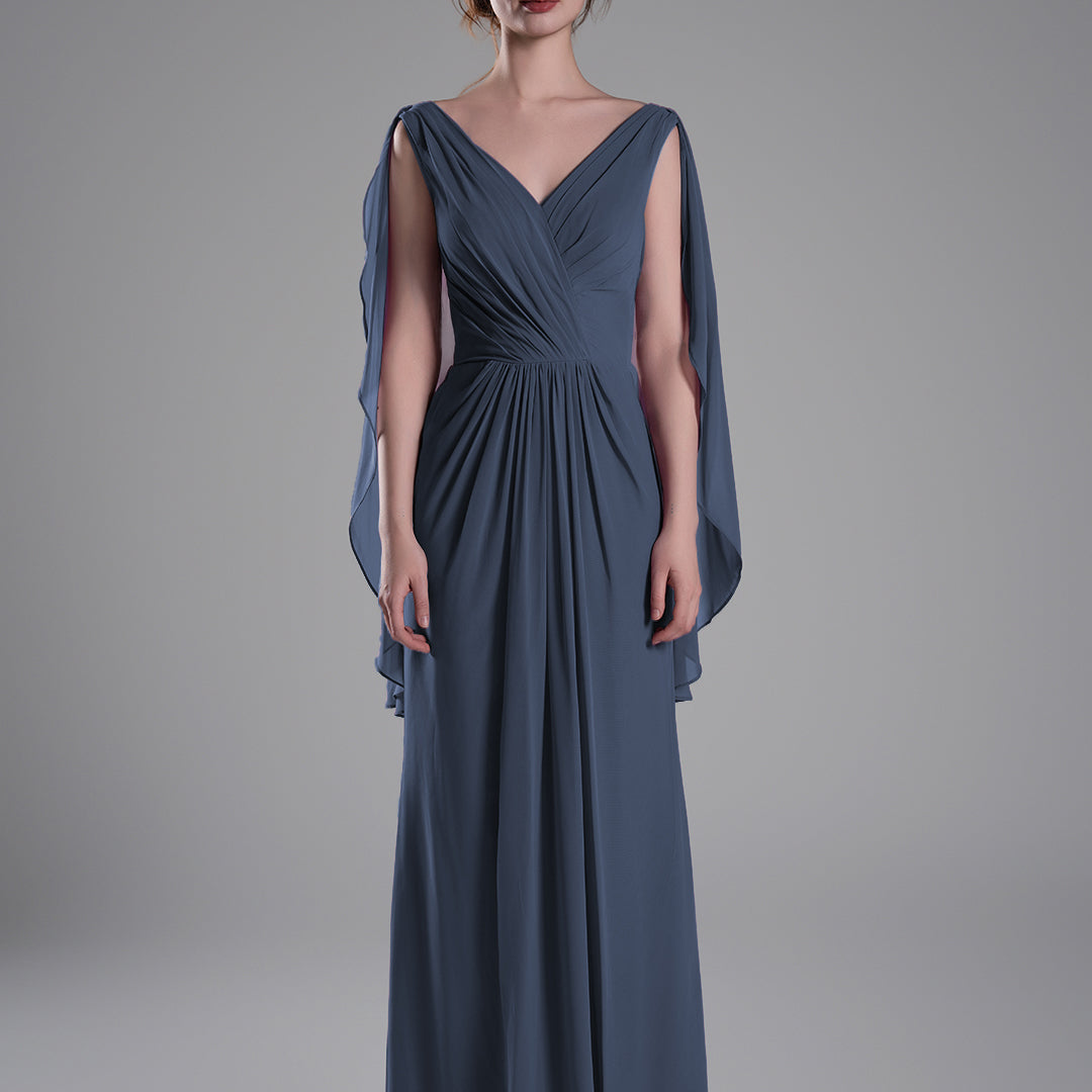 V-Neck Flowing Cape Sleeves Pleated Dress