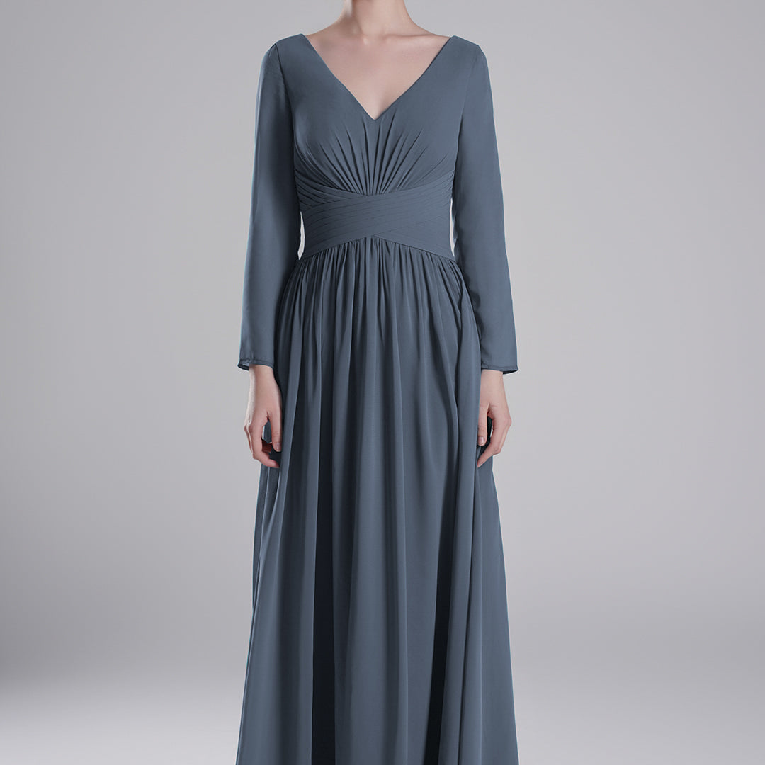 V-Neck Pleated Fitted Waist Flowing A-Line Dresses