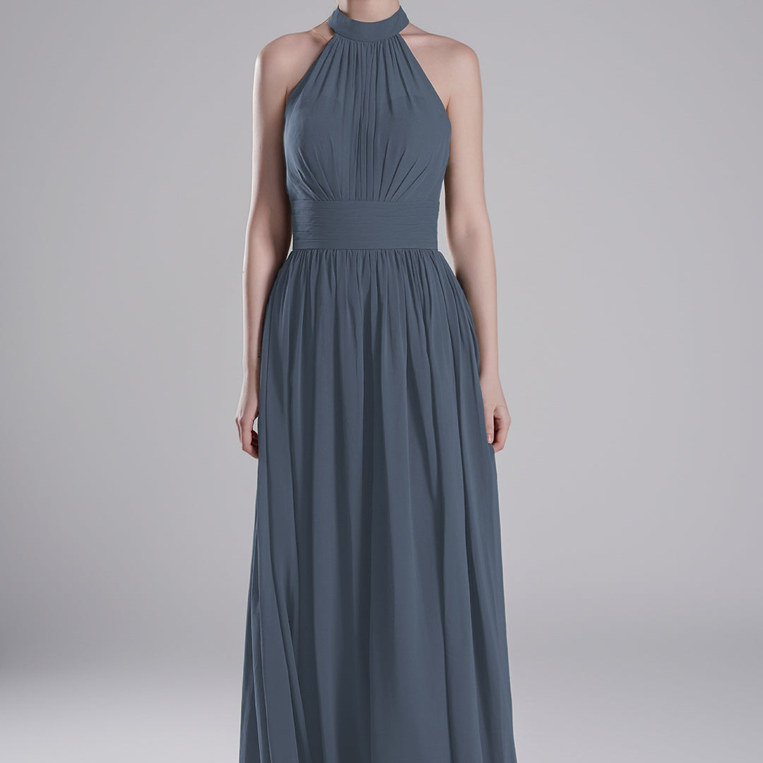 Halter Neckline Pleated Bodice Open Back A-Line Dresses