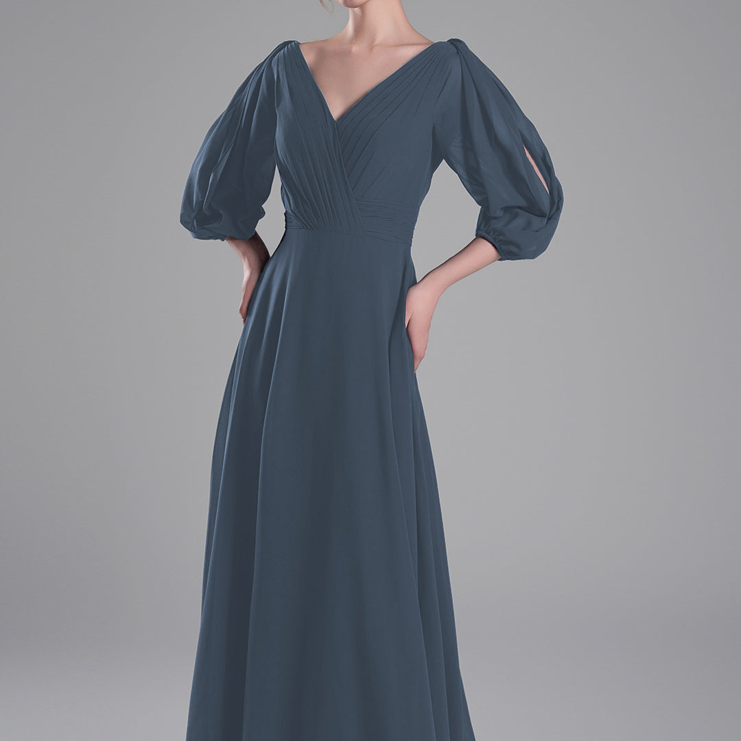 V-Neck Puffy Sleeves Pleated A-Line Dresses