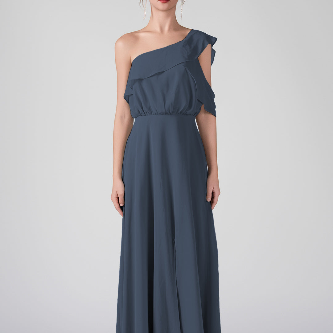 One Shoulder Ruffled Sleeves Front Split A-Line Maxi Dress