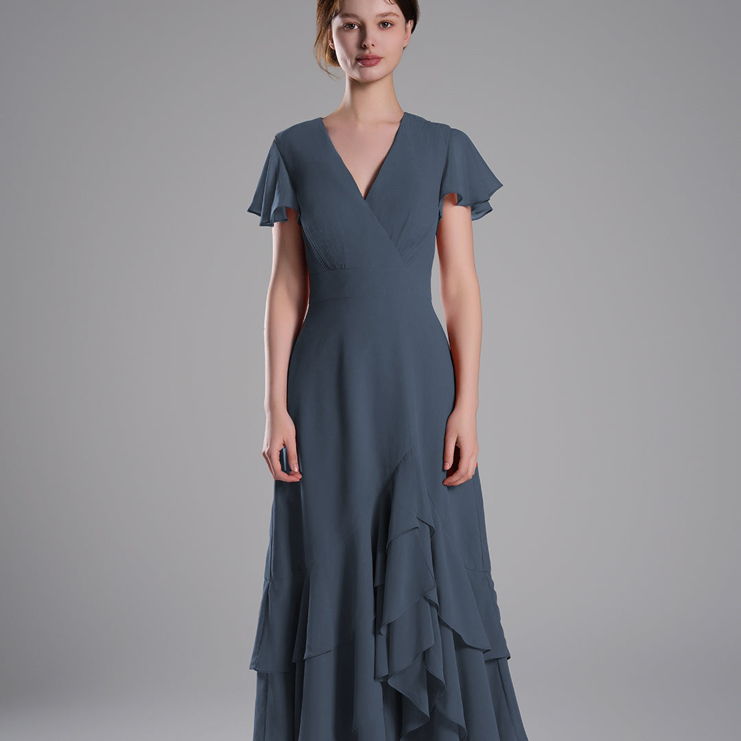 V-Neck Flutter Sleeves Asymmetrical Hemline Dresses