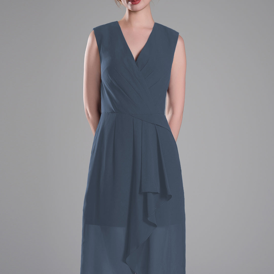 Sophisticated PleatedV-Neck Flared Hem Dress