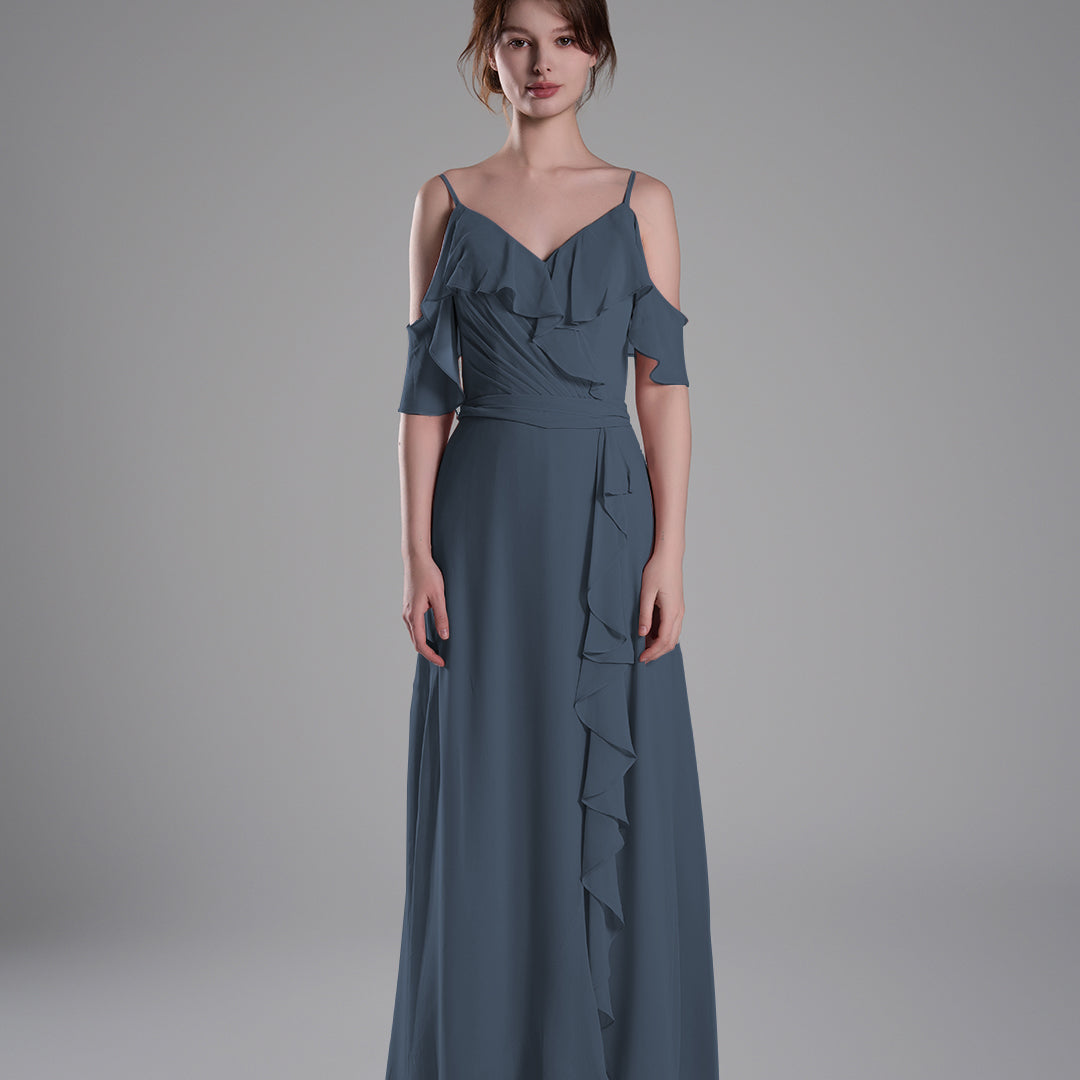 Adjustable Straps Ruffled Chiffon Long Dresses
