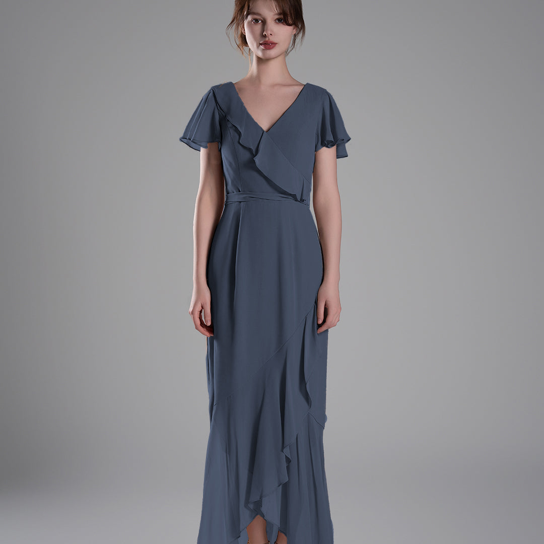 V-Neck Ruffled Detailing Pleated Patchwork Dresses