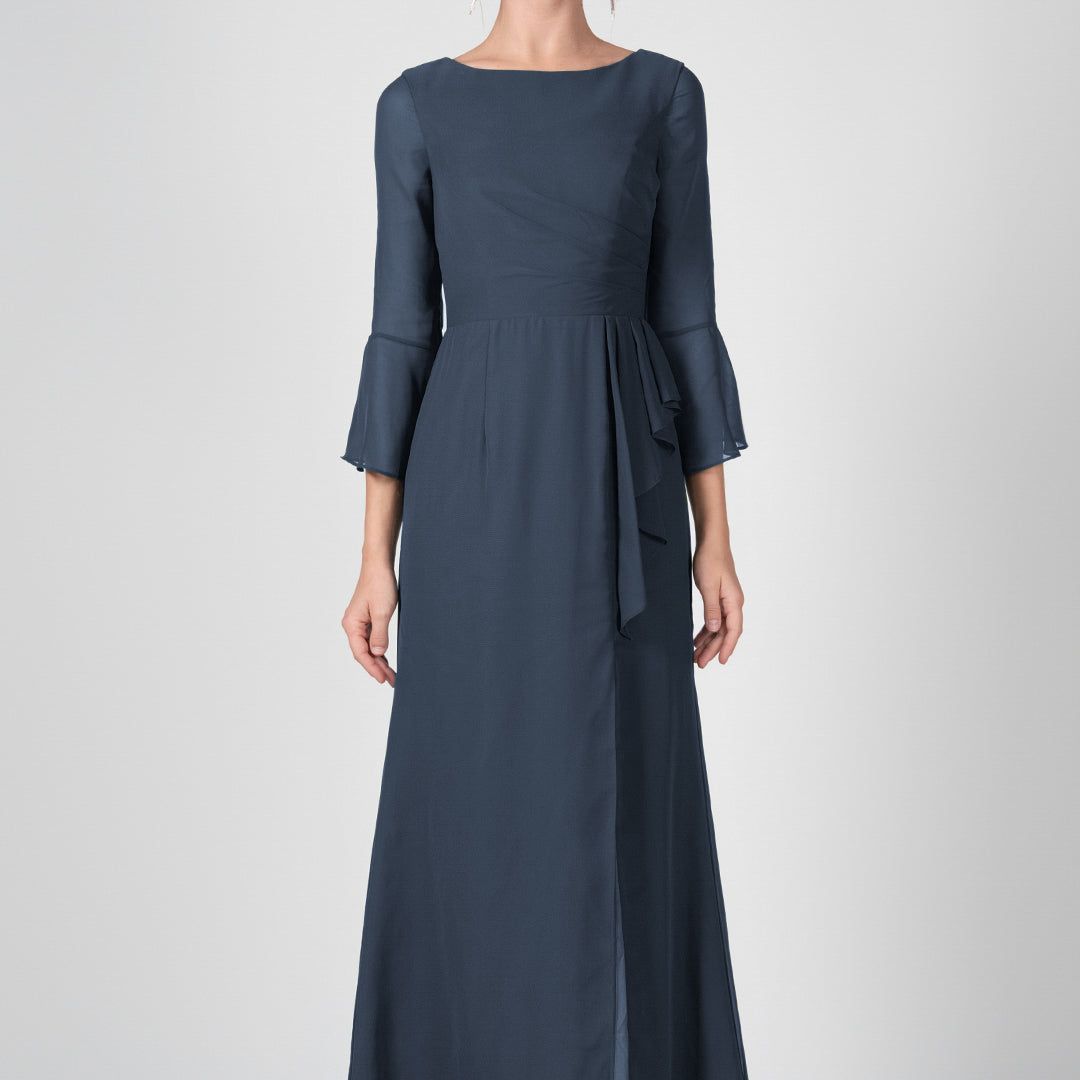 Bateau Neck Sheer Sleeve Split Maxi Dresses