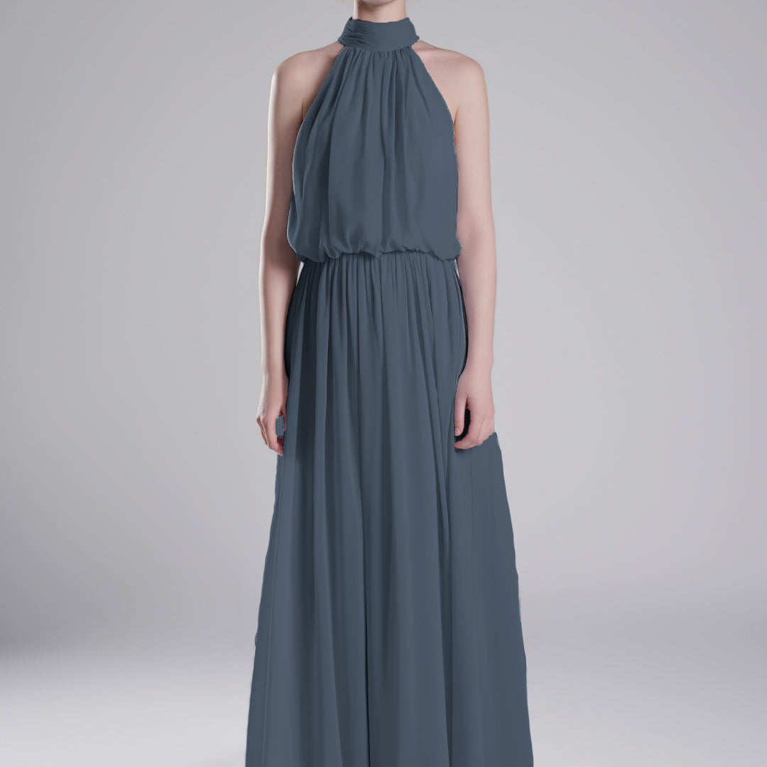 High Halter Neck Pleated Flowing A-Line Dresses