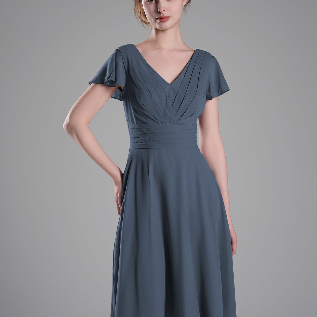 Flutter Sleeves Pleated V-Cut Back Mini Dresses