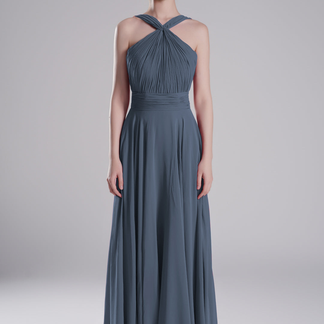 Halter Neck Cross Straps Pleated Waist A-Line Dresses