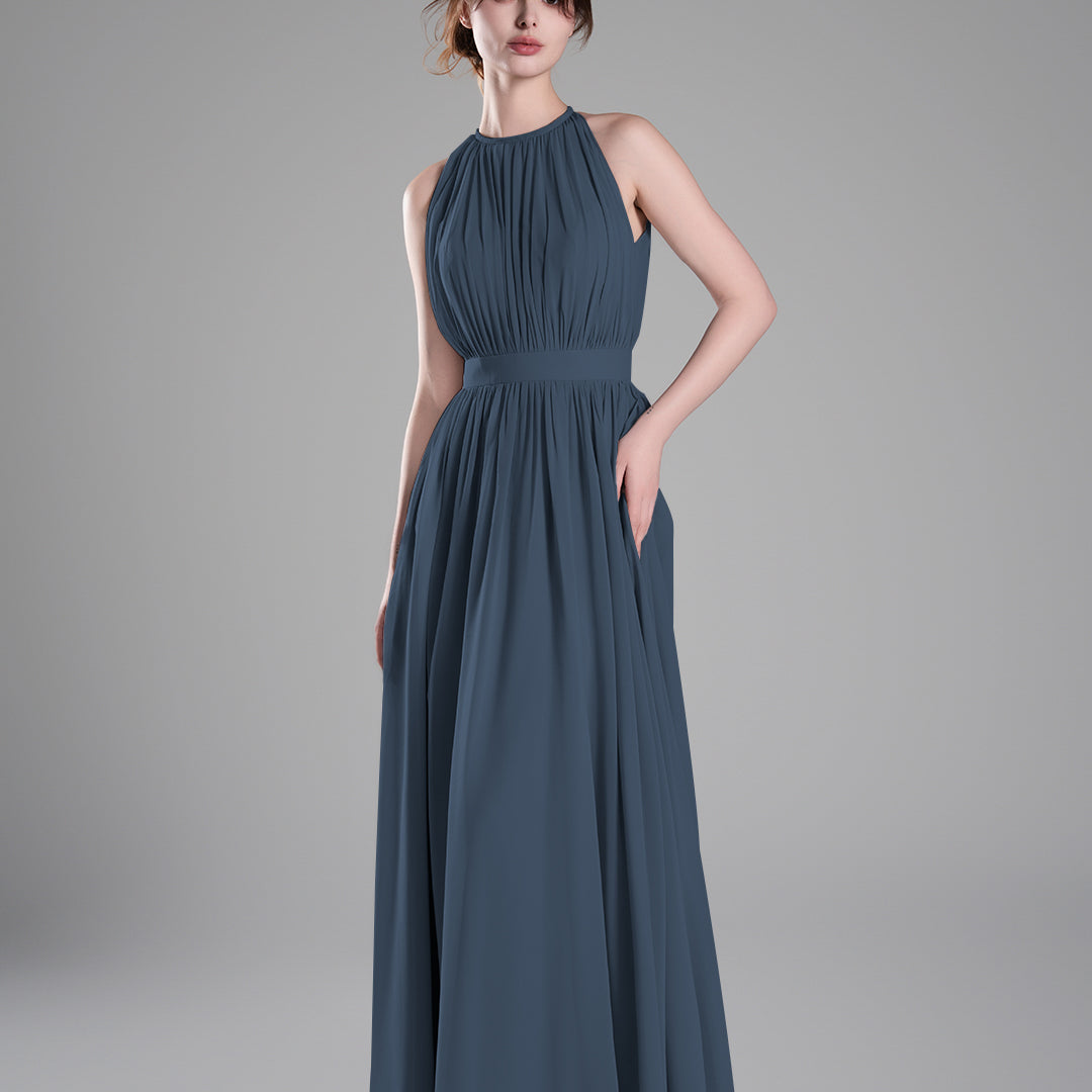 Halter Neckline Pleated Cinched Waist Dresses